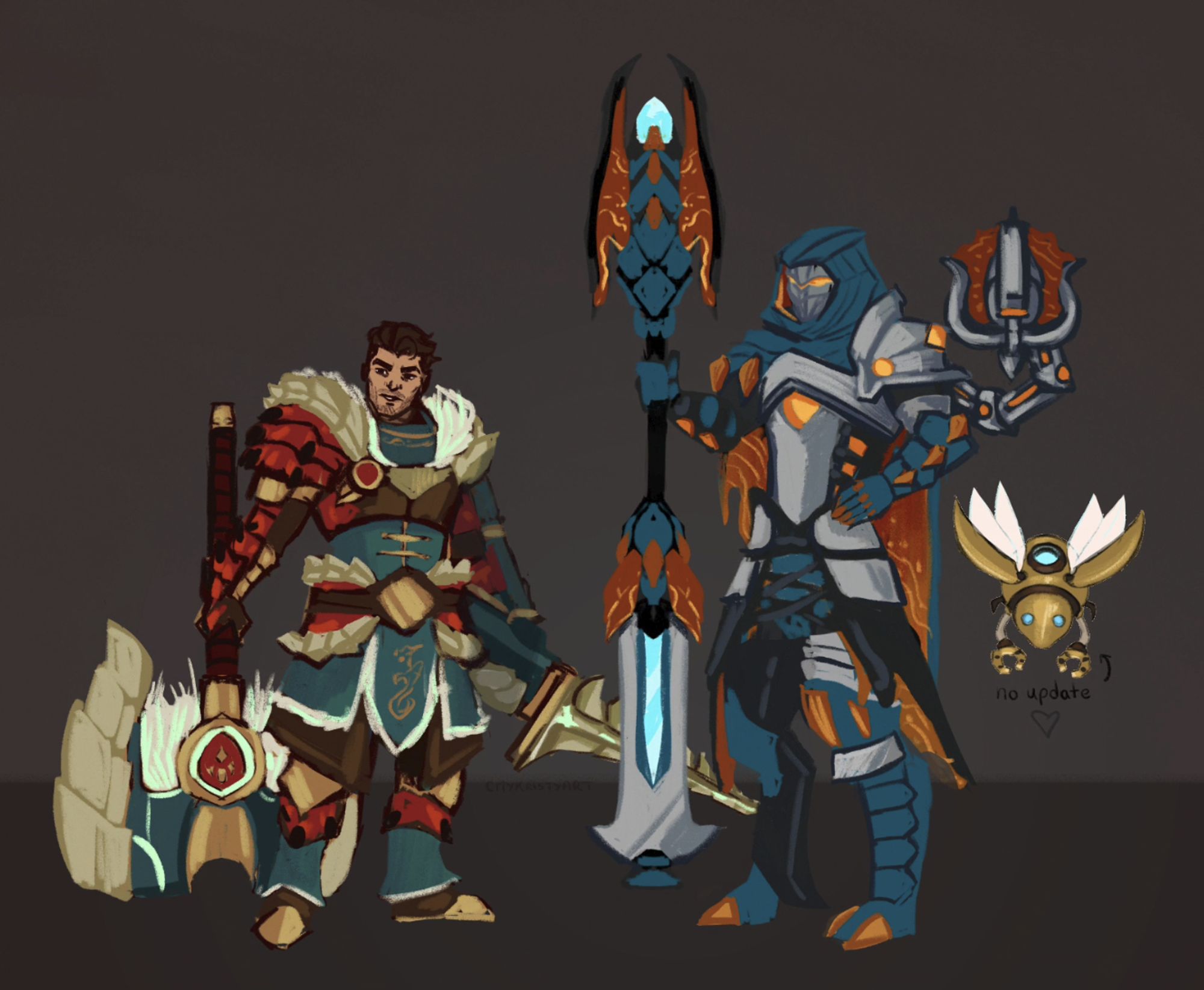 Jayce is armored with 3 sets of materials: Rathalos materials have red scales with black tips, Zinogre has green scales with large pale yellow horns and electric fur, and Brigade influences give a more formal, business design in the legs. He wields a Zinogre/Guild hammer and heavy bowgun. Viktor is a Wyverian Insect Glaive user, but his glaive is turned upside-down as a walking stick like the Seeker (MHW) He wears silver metal and blue leather/scale armor with orange decals. Magma Almudron energy pulses in pits on the armor. His braced leg is armored with Lagiacrus materials, while his other has Namielle pants. Blitzcrank is a small flying metal bug working with Viktor.