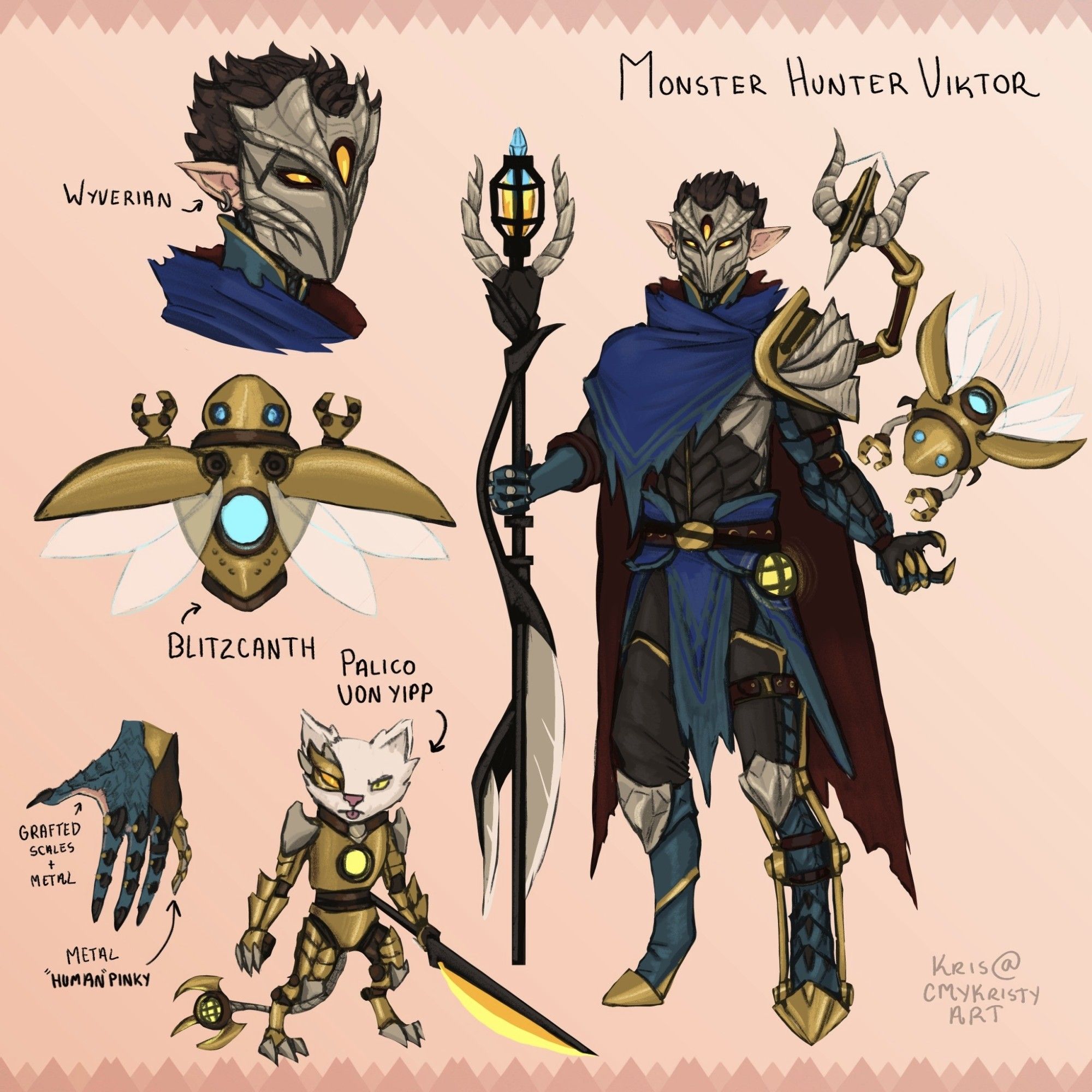 Viktor is depicted as a Wyverian (tall, elf-eared wyvern-person race with 3 fingers and digitigrade legs) in Monster Hunter. He wears something similar to his blue and red cape, but his armor is built from leather, bone, and Azure Rathalos scales. His leg is still braced. His left hand has a prosthetic 4th finger. The hex claw is a slinger from MHW, his staff is an Insect Glaive, and Blitzcrank appears as a metal kinsect called Blitzcanth. Professor Von Yipp is his armored Felyne Palico.