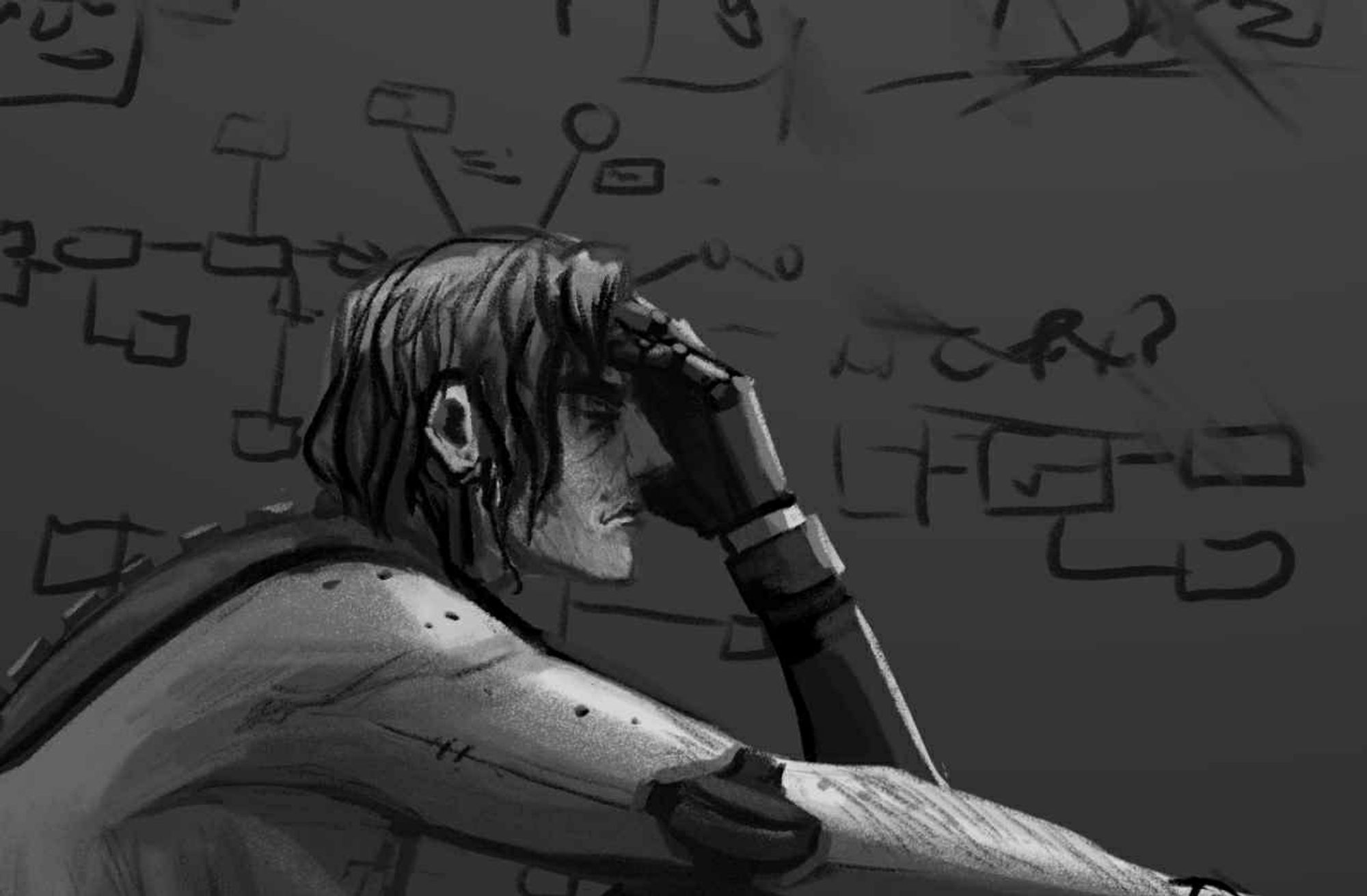 Viktor laments in front of a dark wall with blueprints and notes scribbled all over it.