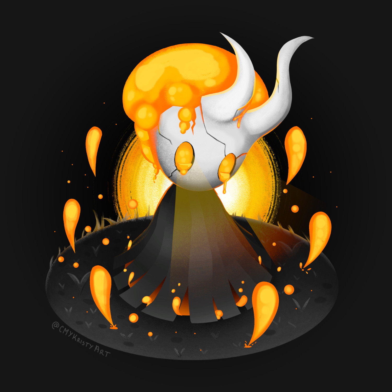 Broken Vessel is a small, cloaked creature with a cracked, horned mask. Its eyes and head are filled with bright orange infection and its lifeless eyes cast lights down onto the grass. Infection bubbles up around it.