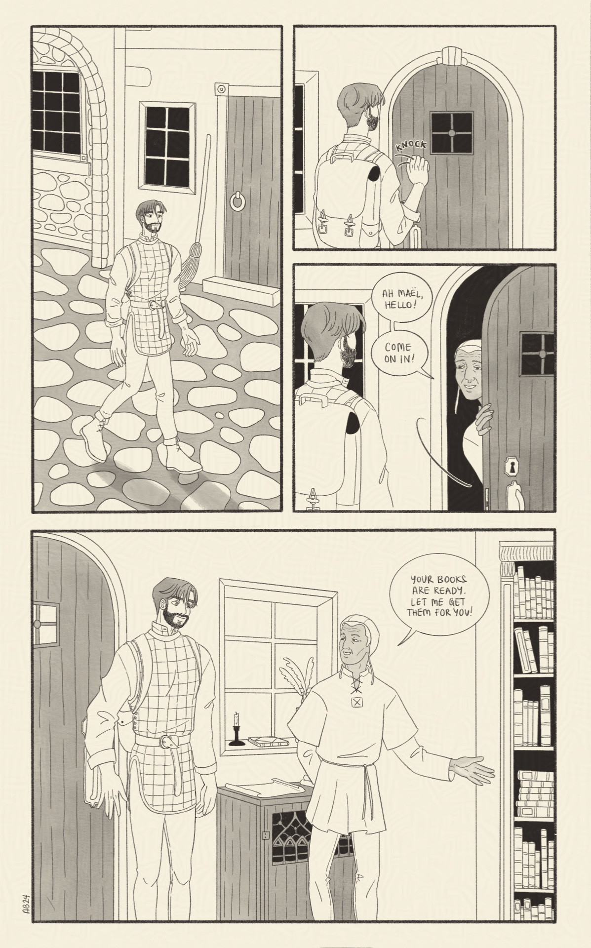 Comic page: A man (Maël) walks in a medieval looking street. He stops in front of a door and knocks. An old man answers, recognizes him and invites him in. Once in, the old man tells Maël his books are ready and that he’ll get them for him.