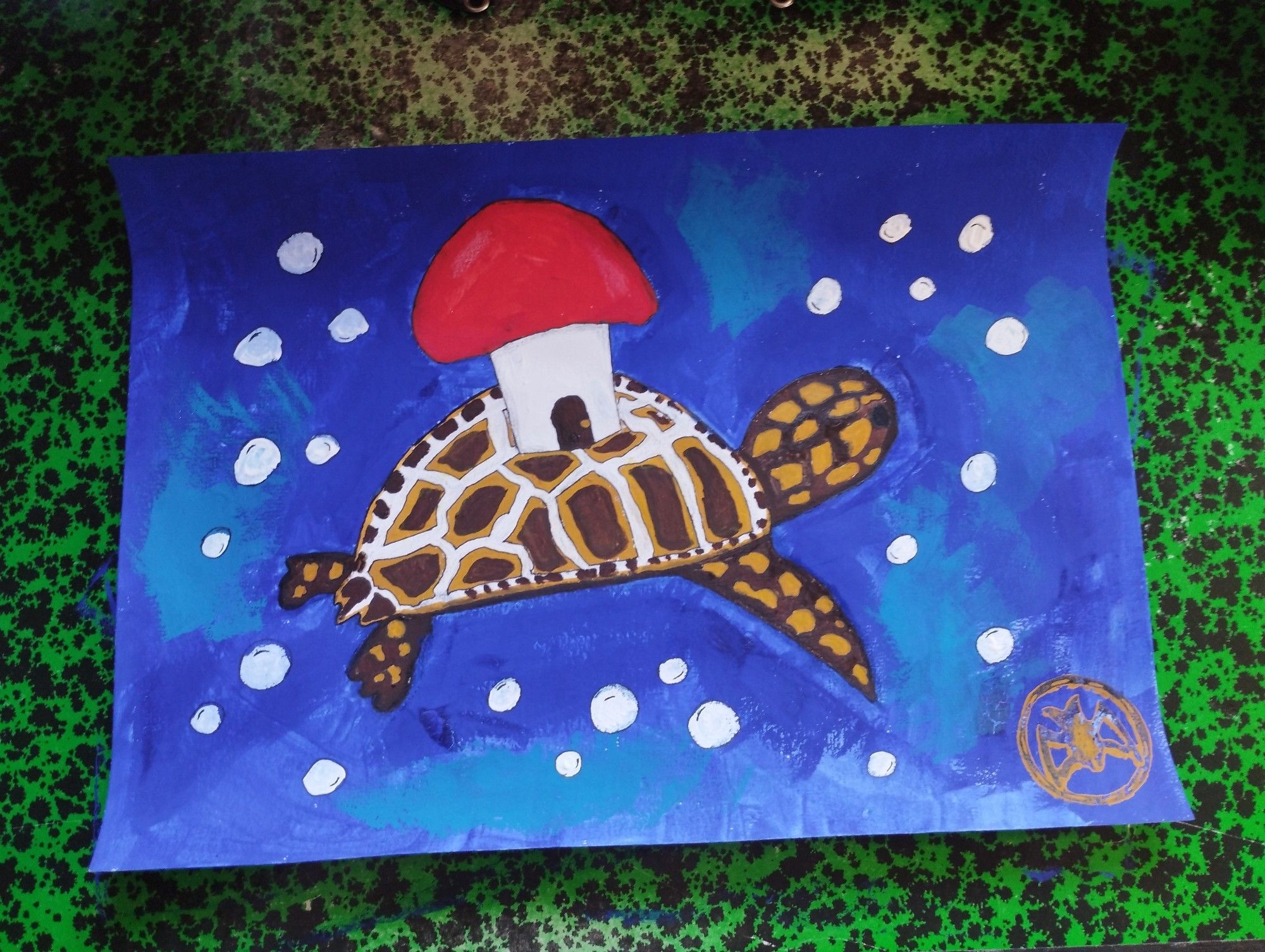 Peinture d'une tortue avec une maison champignon sur le dos