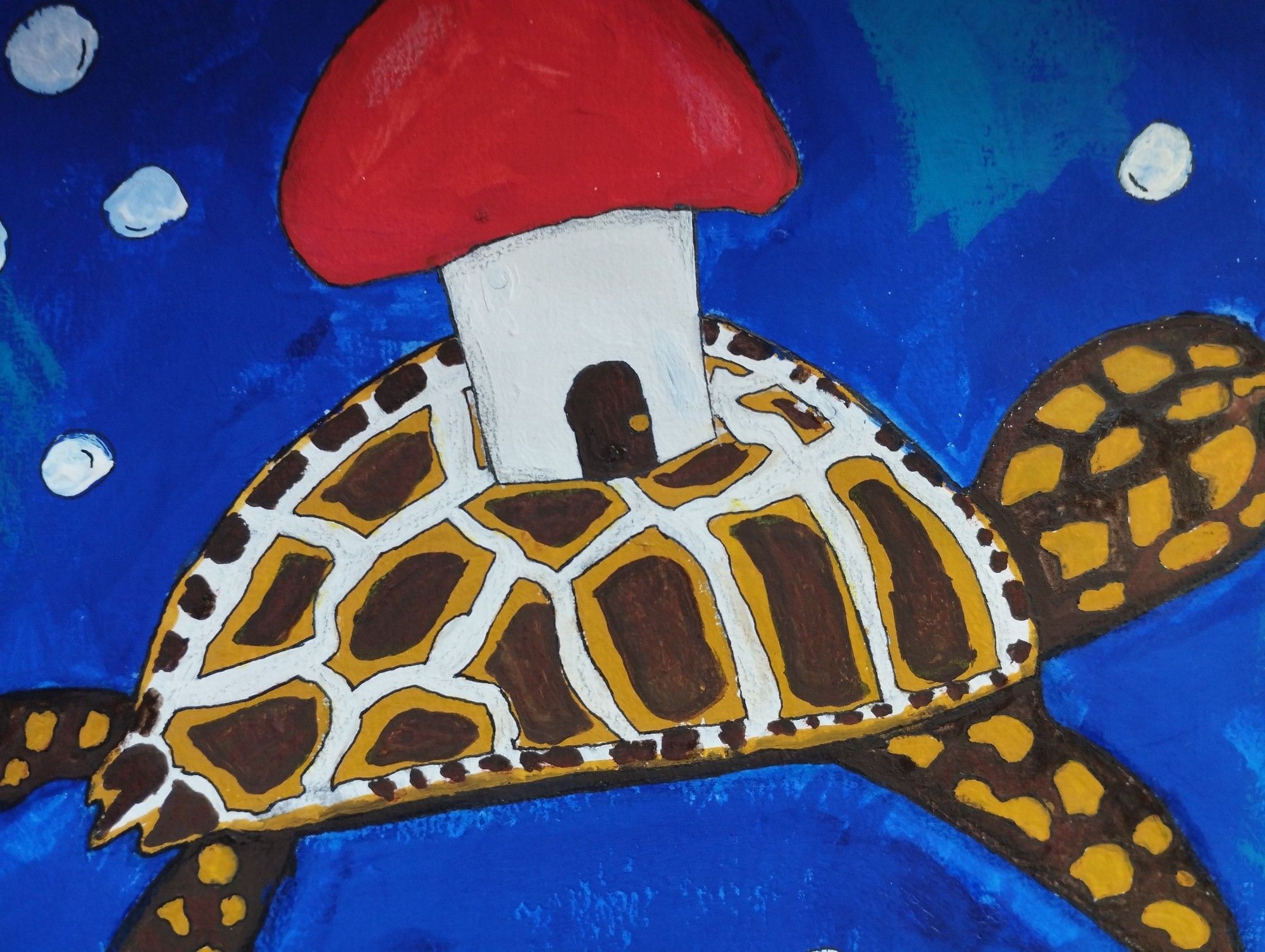 Peinture d'une tortue avec une maison champignon sur le dos