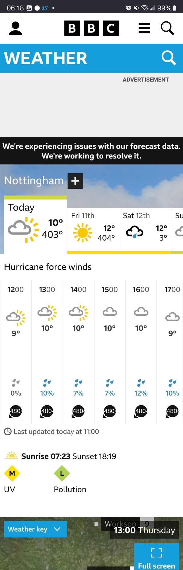 A screenshot of BBC Weather mobile website, forecast for Nottingham, with 1200 mph winds and 403 degrees