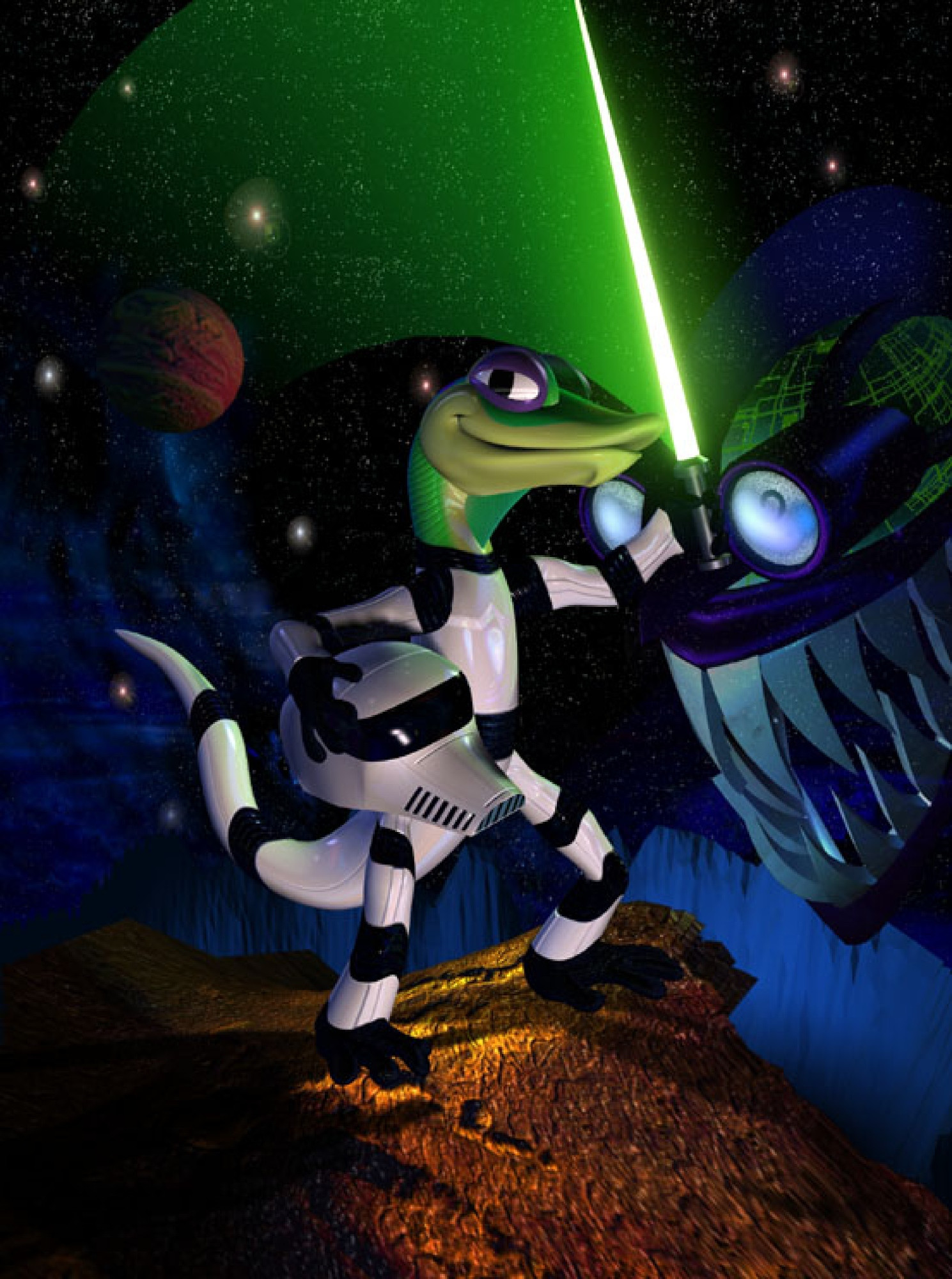 Gex in a Stormtrooper costume, wielding a lightsaber.