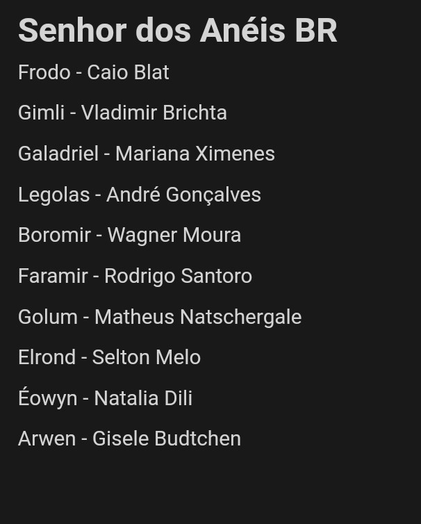 # Senhor dos Anéis BR

Frodo - Caio Blat

Gimli - Vladimir Brichta

Galadriel - Mariana Ximenes

Legolas - André Gonçalves 

Boromir - Wagner Moura

Faramir - Rodrigo Santoro

Golum - Matheus Natschergale

Elrond - Selton Melo

Éowyn - Natalia Dili

Arwen - Gisele Budtchen