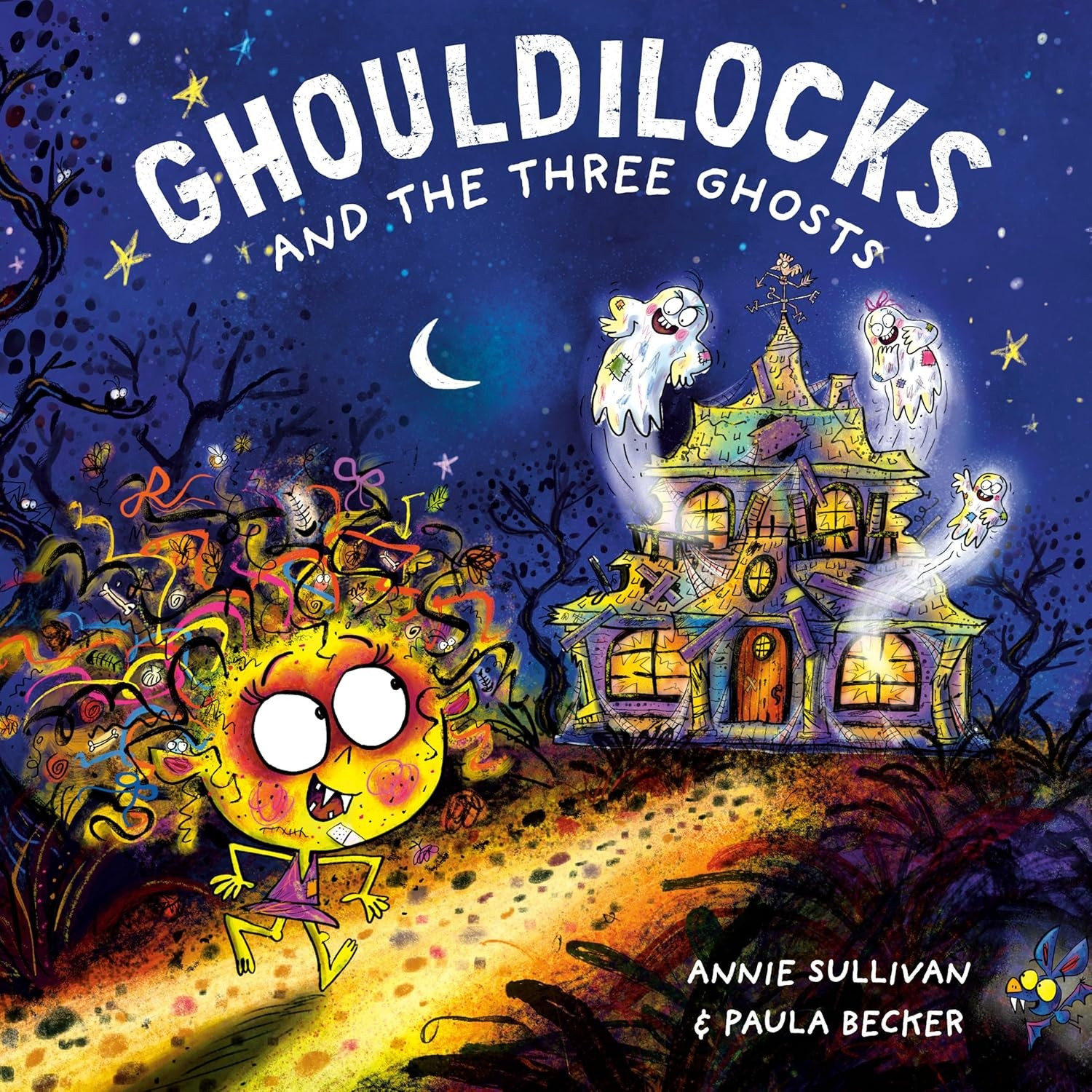 Book cover - a ghoul with ghastly locks races down a moonlight path toward a spooky mansion haunted by three ghosts.