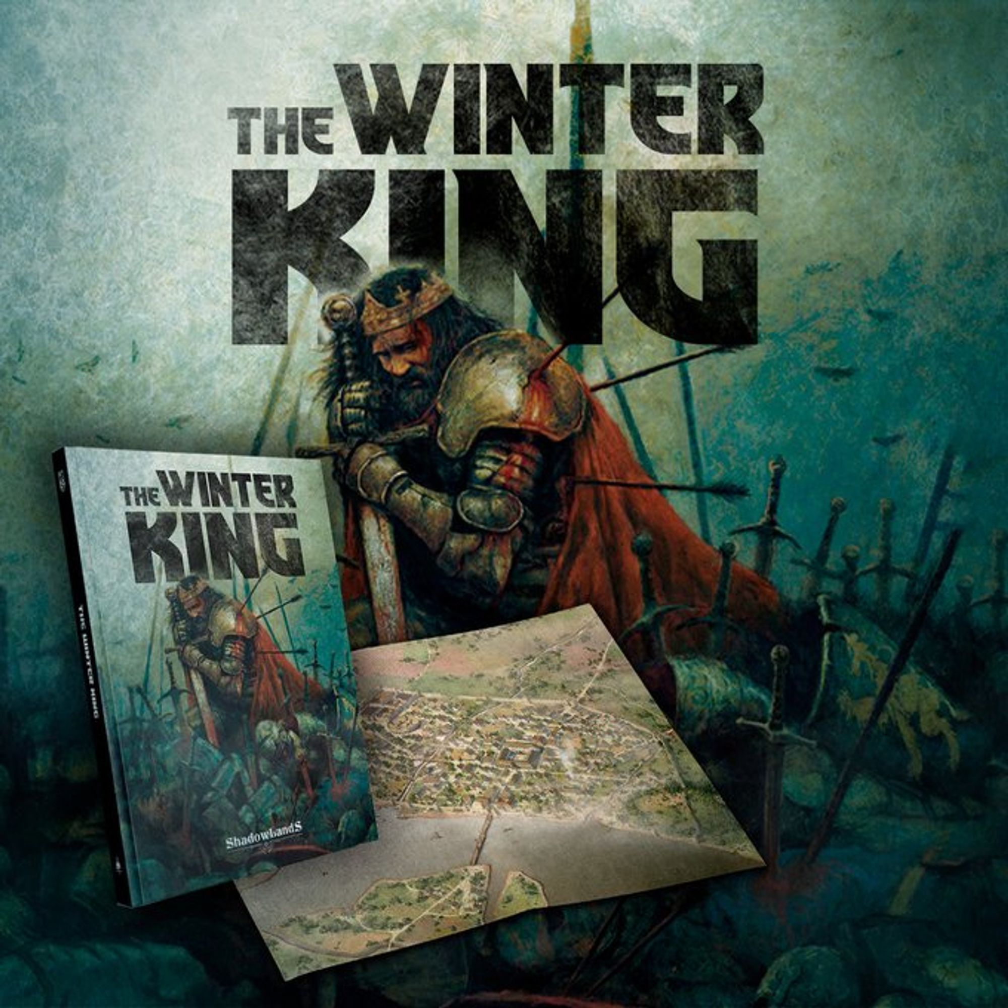 The Winter King Poster. A fallen King Arthur, with the book cover and the map of Londinium.