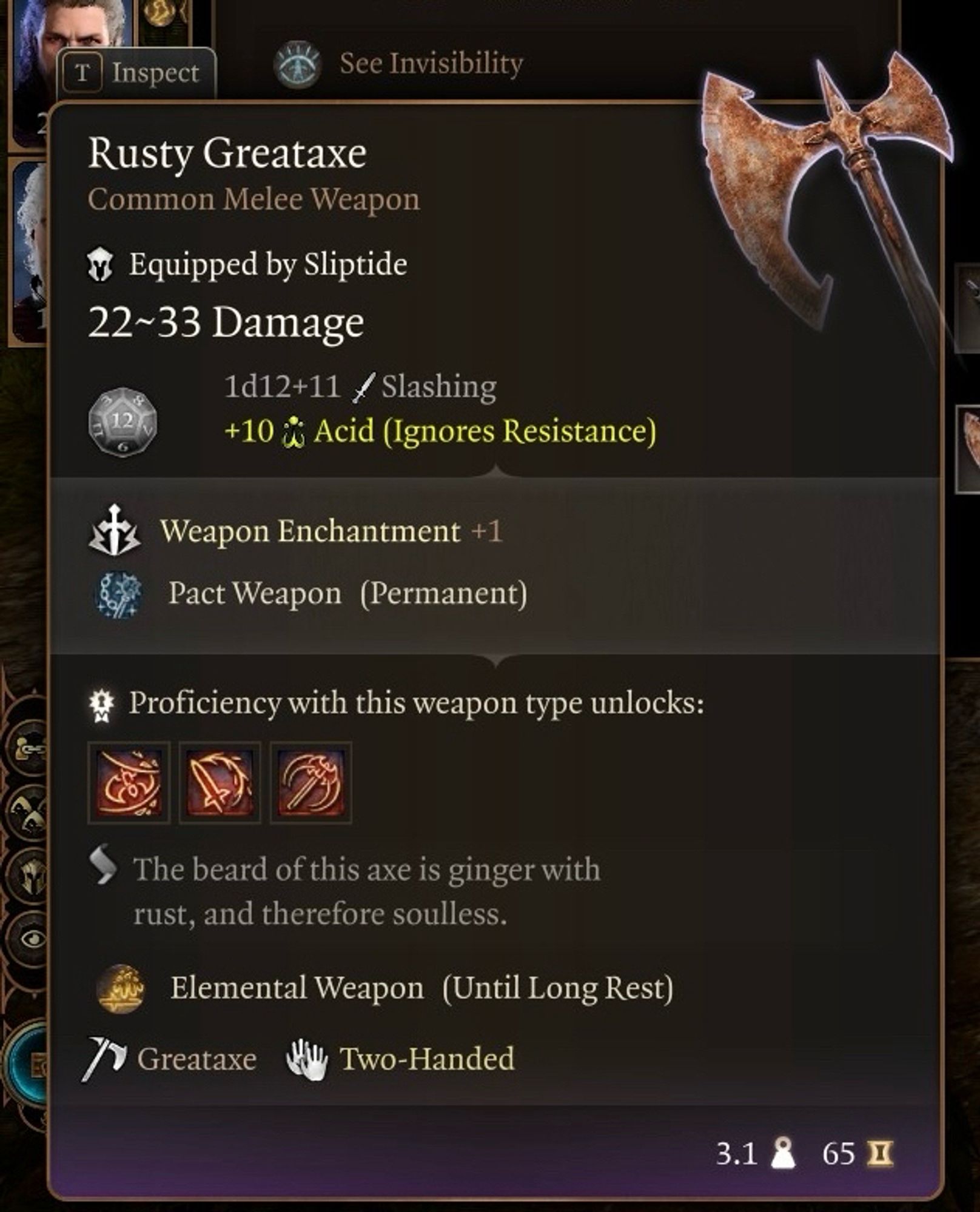 Screenshot of the item description panel for a Rusty Greataxe