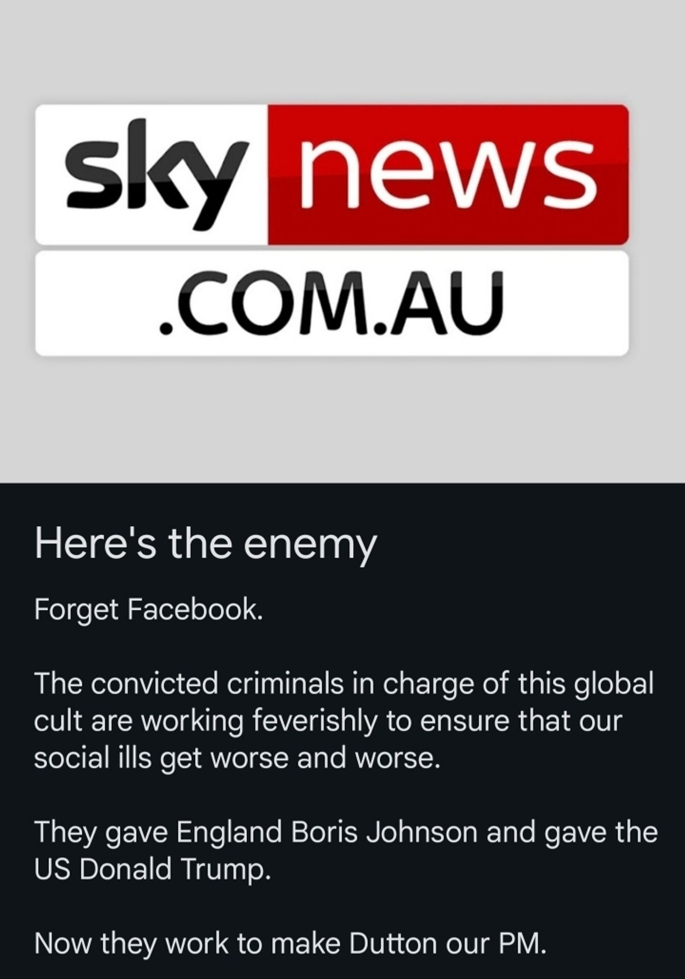 A meme stating that Sky is the enemy of the people.