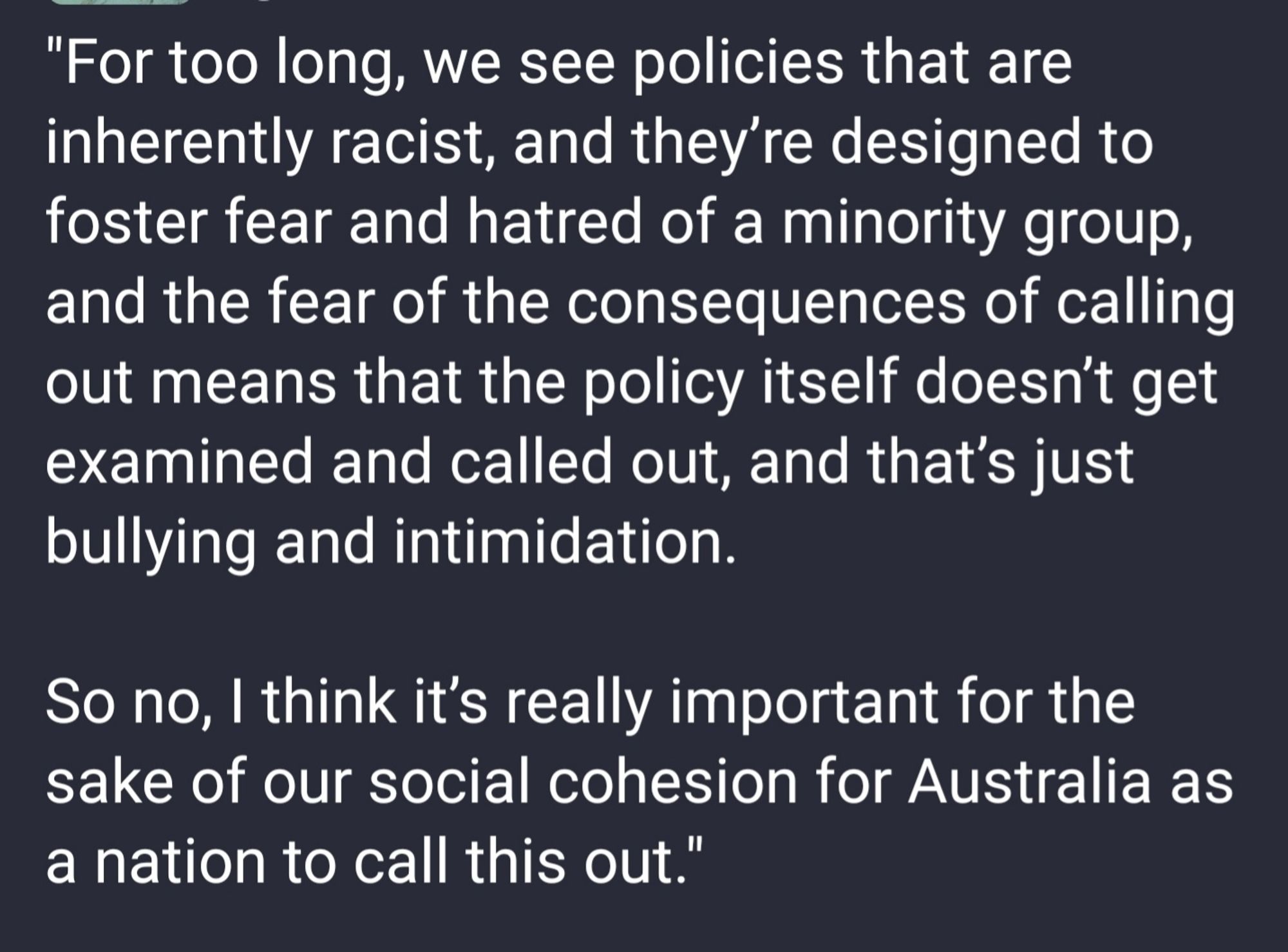 "For too long, we see policies that are inherently racist, and they’re designed to foster fear and hatred of a minority group, and the fear of the consequences of calling out means that the policy itself doesn’t get examined and called out, and that’s just bullying and intimidation.

So no, I think it’s really important for the sake of our social cohesion for Australia as a nation to call this out."