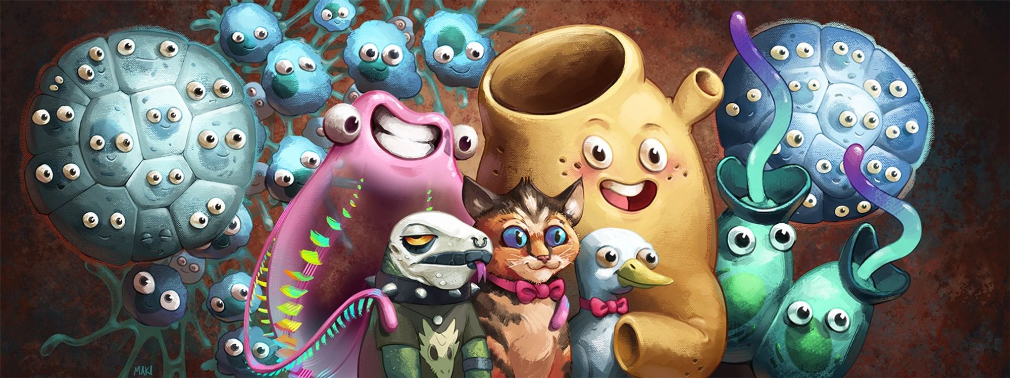 A painted cartoon family portrait of various multicellular organisms complete with studio lighting and classic brown mottled backdrop. In the back are two bluish balls of cells and a string of filastereans all with beady eyes and cute mouths. Flanked by a pair of green choanoflagellates with long lash-like purple tails, are a big happy sponge and a comb jellyfish with iridescent "combs" running up its pink, translucent body. They have their arms and tentacles on a trio of modern animal "kids." A white goose, a blue eyed, orange kitten, and a particularly surly goth lizard in black and white makeup and a skull t-shirt.