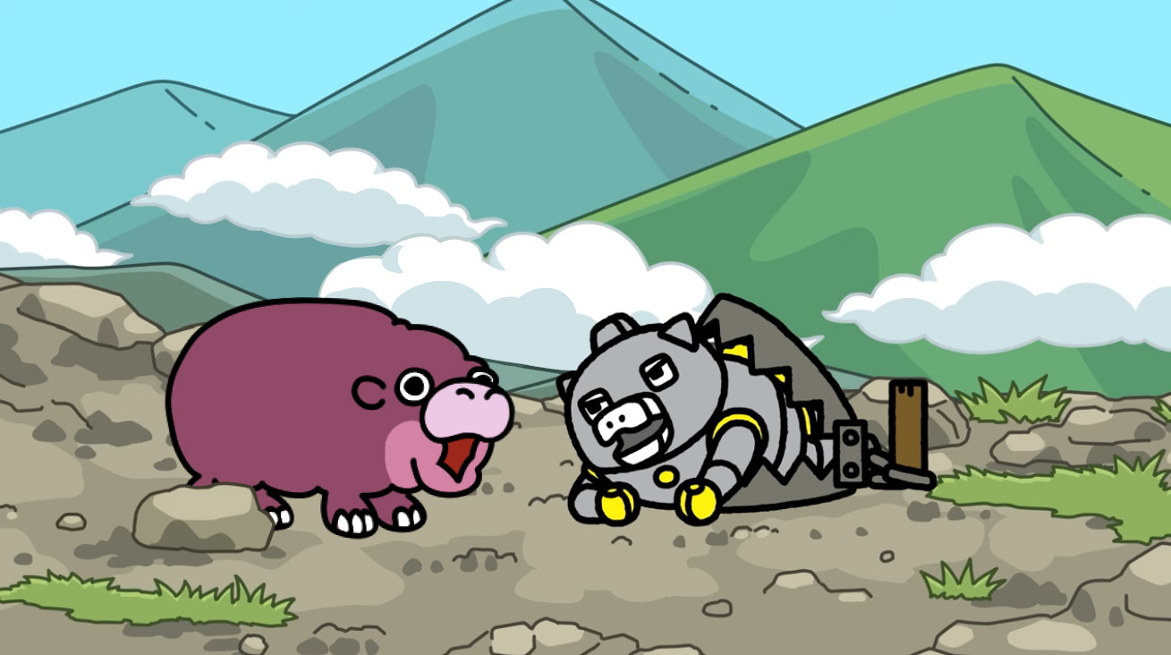 Up in the mountains of Monster Island, Chibi Mechagodzilla is caught in a large bear trap, shouting angrily to be set free. Chibi Moo Deng looks on