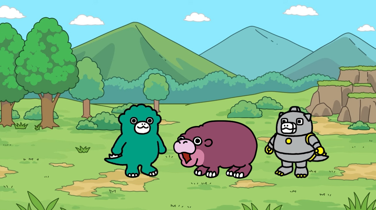 On Monster Island, Chibi Godzilla and Chibi Mechagodzilla from the Toho animated web series Chibi Godzilla look upon a Chibi Moo Deng, the viral baby hippo sensation.