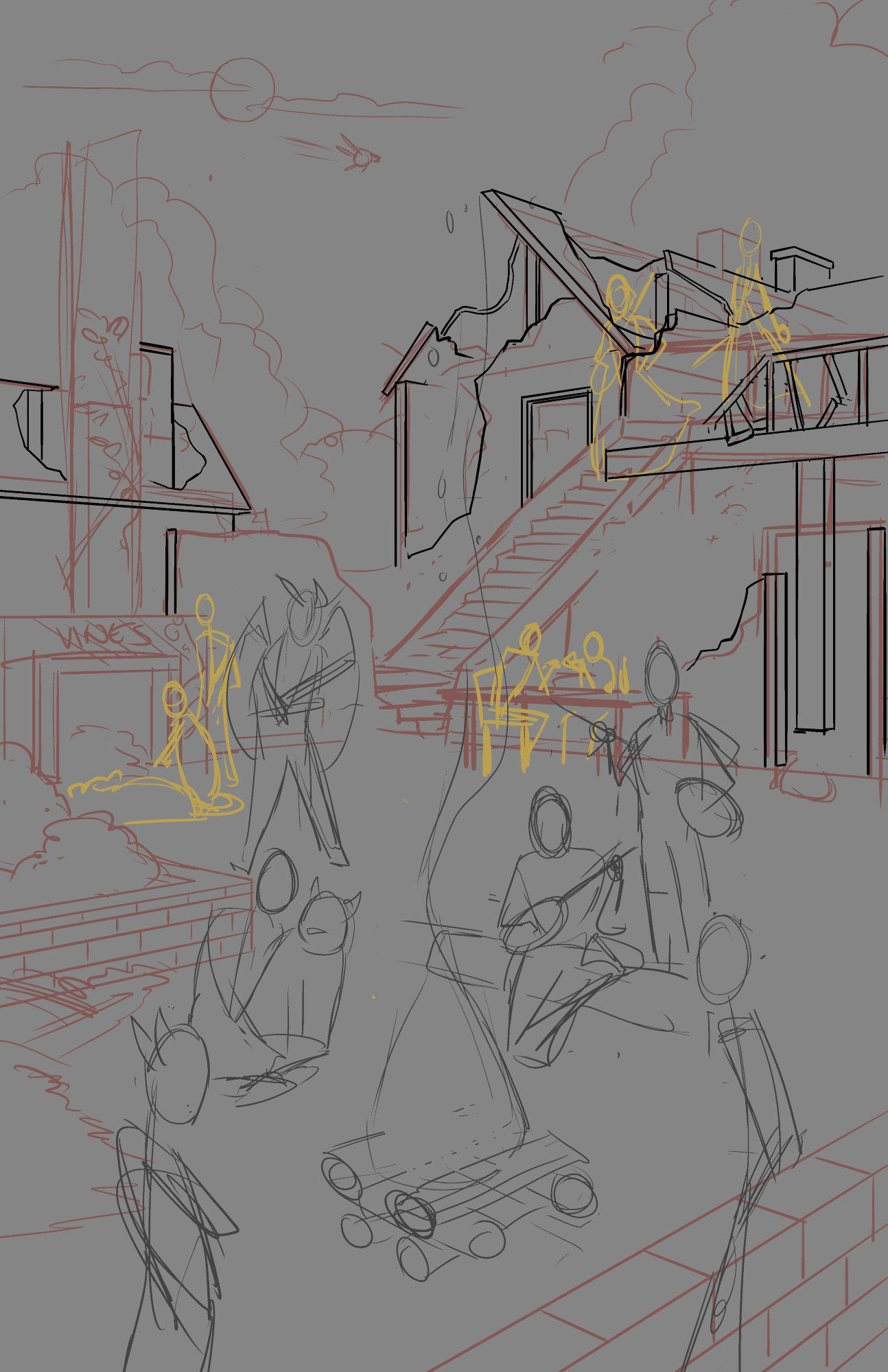 A WIP digital illustration featuring ruined buildings and 6 adventurers and 6 legends.