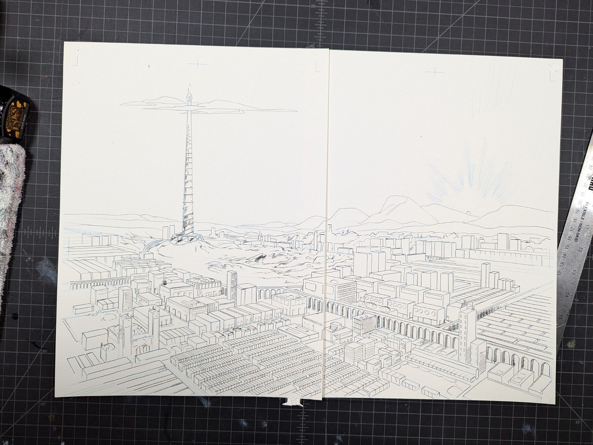 Wip of a double page spread depicting a city with a large spire.