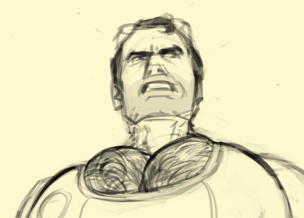 Sketch of the Medic (Team Fortress 2) with his breasts poking out of his swimsuit.