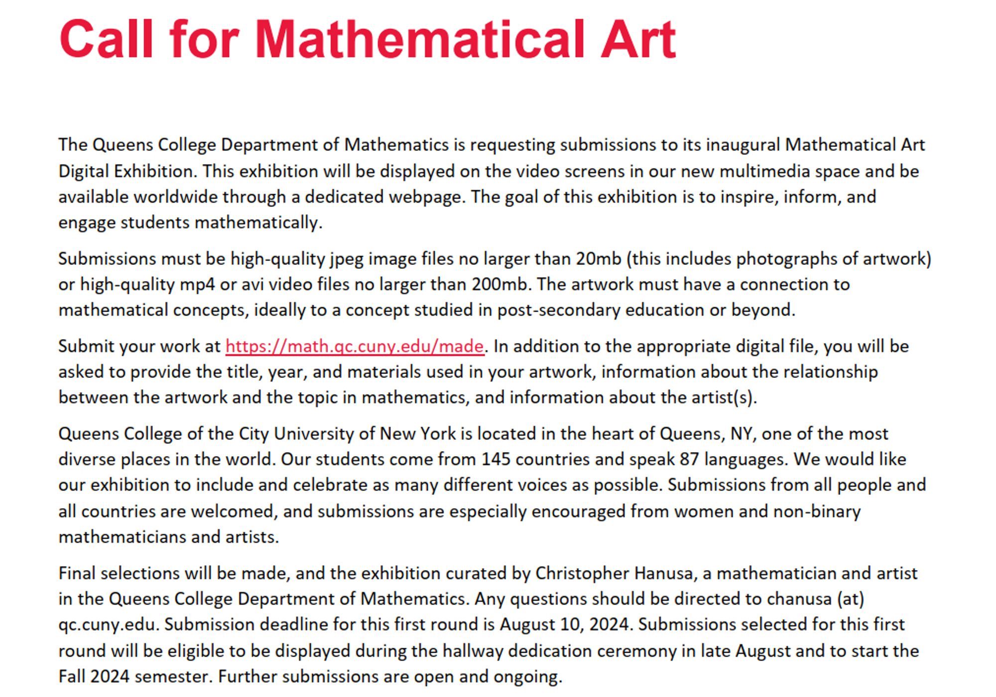 Text about a call for mathematical art to be displayed on video screens in the Department of Mathematics at Queens College of the City University of New York.