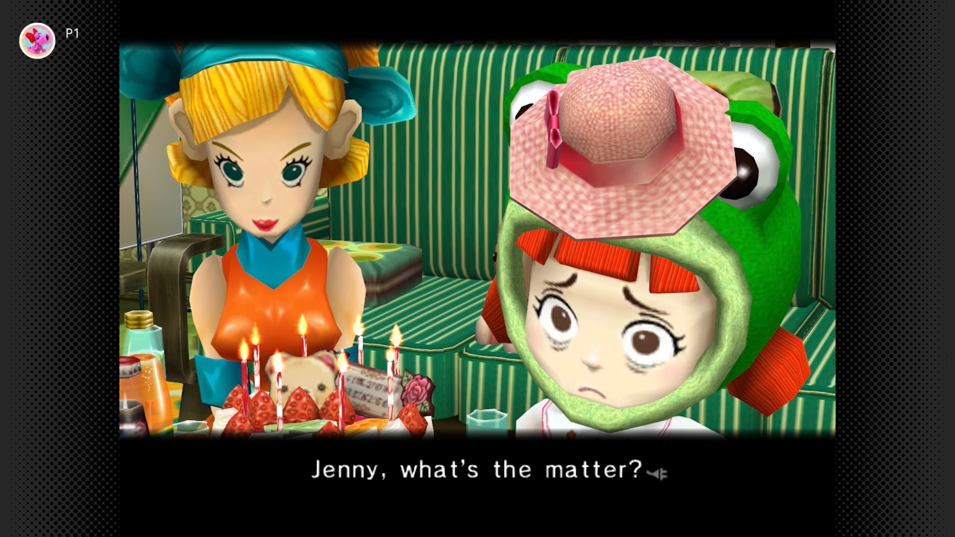 Screenshot from Chibi-Robo! A blonde mom in an orange dress with a blue ribbon in her hair asks, "Jenny, what's the matter?" Jenny, sitting next to the mom and looking distraught, is in a frog hood with a pink hat on top of it.