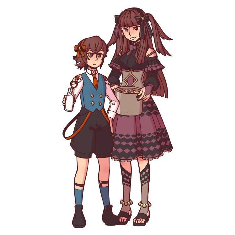 Hayato and Rhajat from Fire Emblem Fates in formal dress. Hayato is aggressively holding up a bottle of milk, and Rhajat is holding a big pot of vegetable chowder.