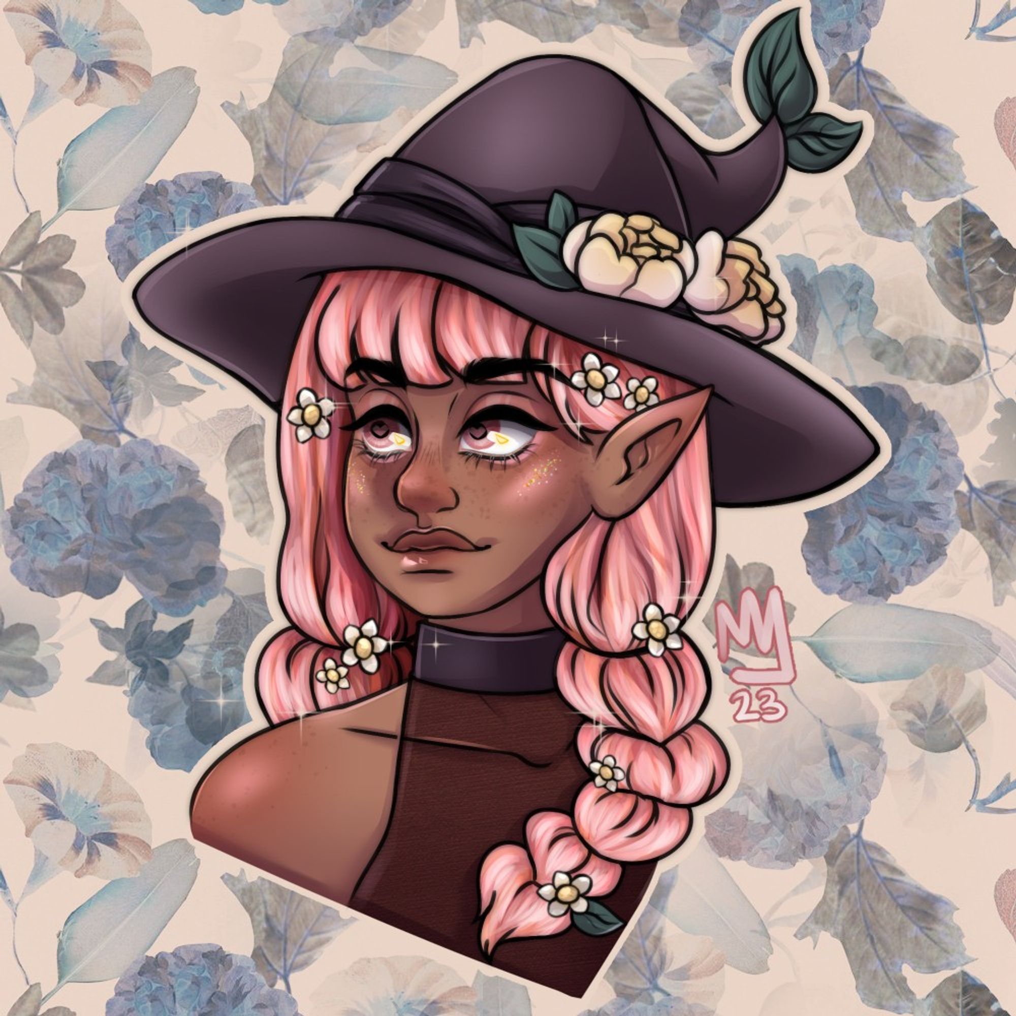 Bust of a witch elf, with flowers on her hat and hair.