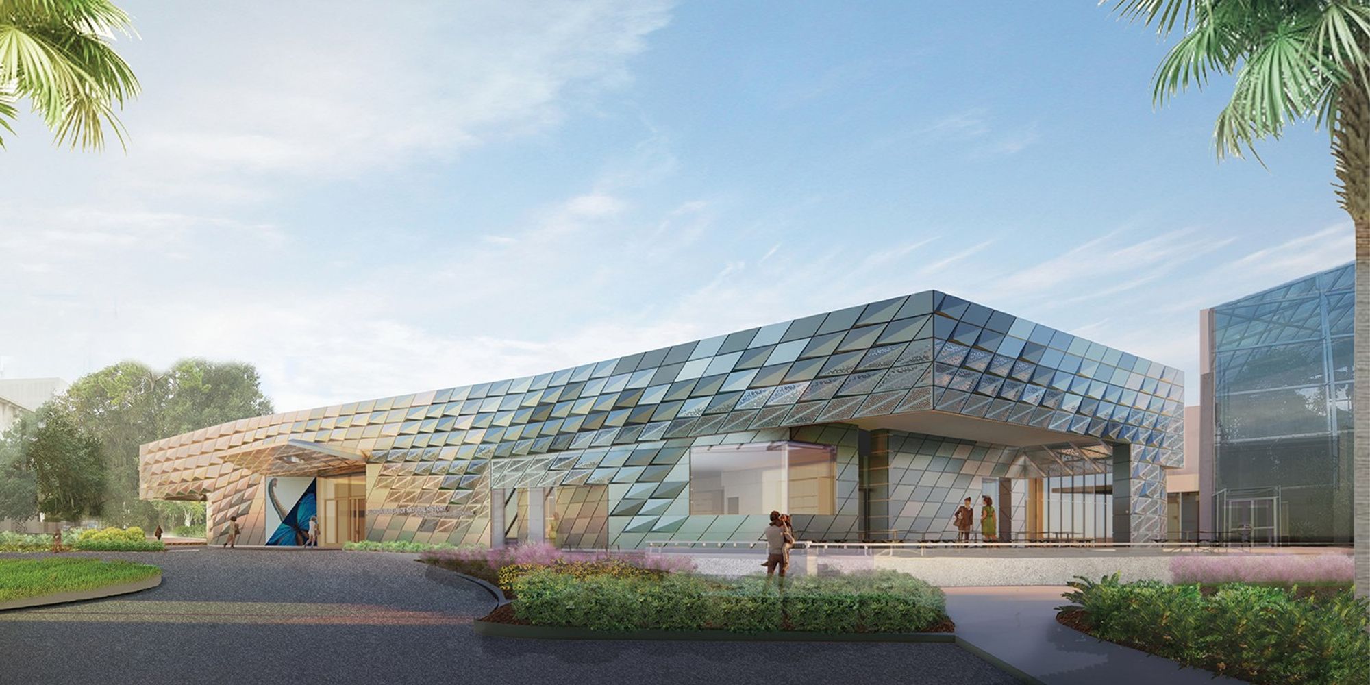 rendering of external view of new building expansion that is long and low and rectangular covered in panels that look like fish scales