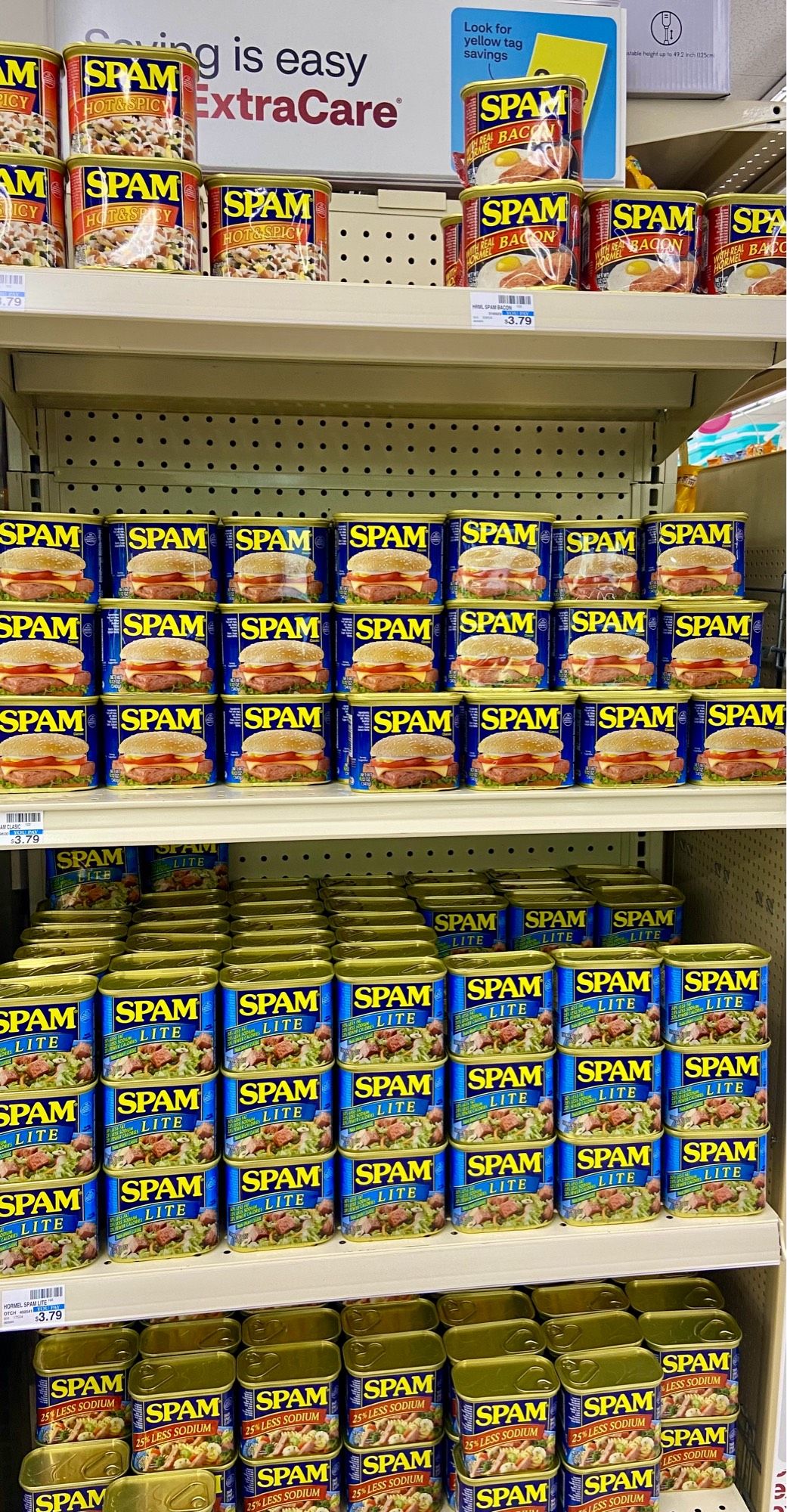 Stacks of multiple flavors of spam in a drugstore