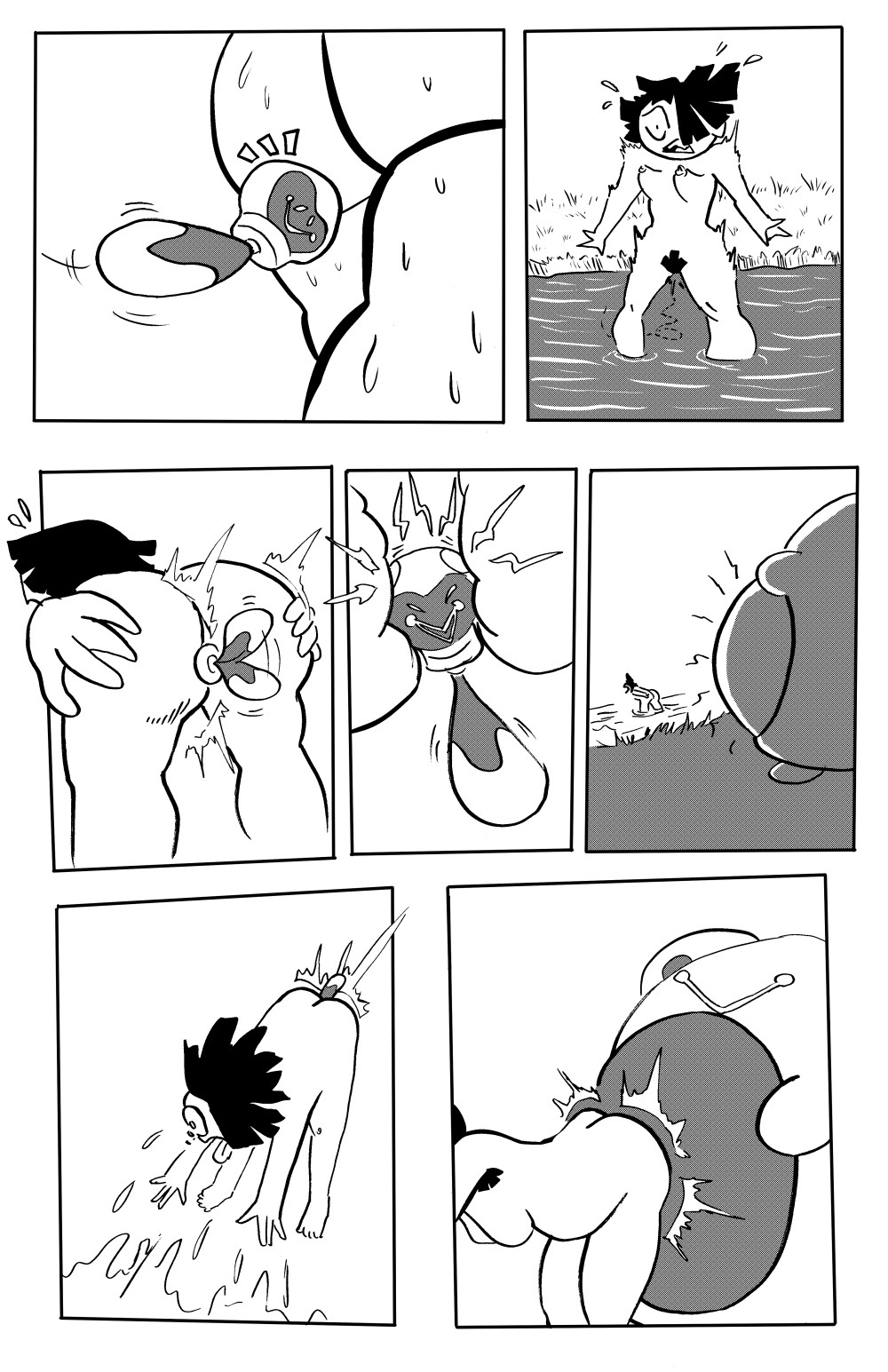 First page of comic taking place on a river where a pokemon trainer is bathing. Tadbulb flies up Mora’s (a naked, dark haired female trainer) ass. She bends over, telling as it flaps its tail. Its bulb sends out little electric sparks while wedged in her butthole. On the shore, a Bellibolt sends out answering sparks. Mora is yanked backwards by the magnetic charge, flying ass first into Bellibolt’s stomach.