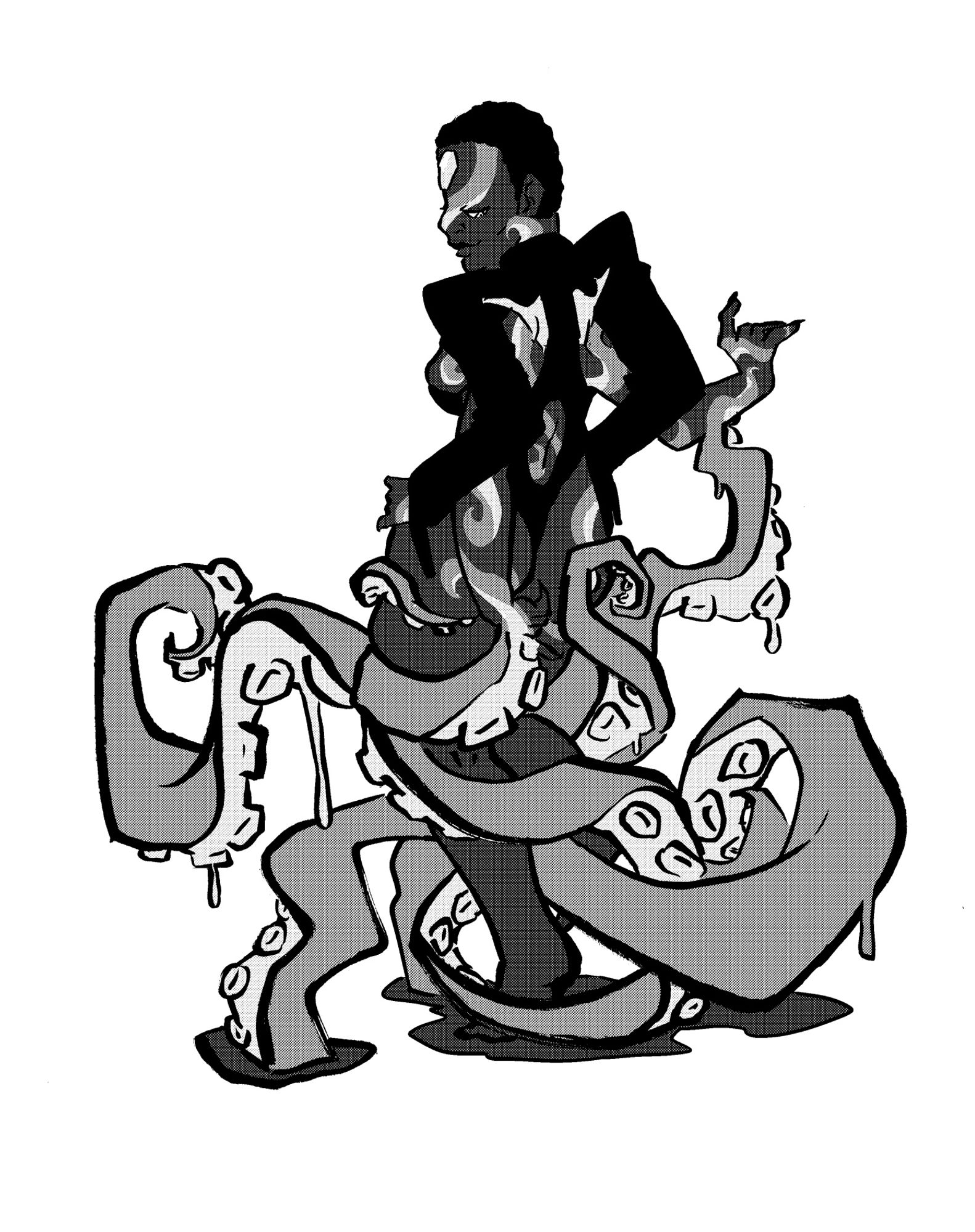 A character wearing sexy leotard and whose dark skin us covered in tentacle swirls that around their feet come out as actual dripping tentacles