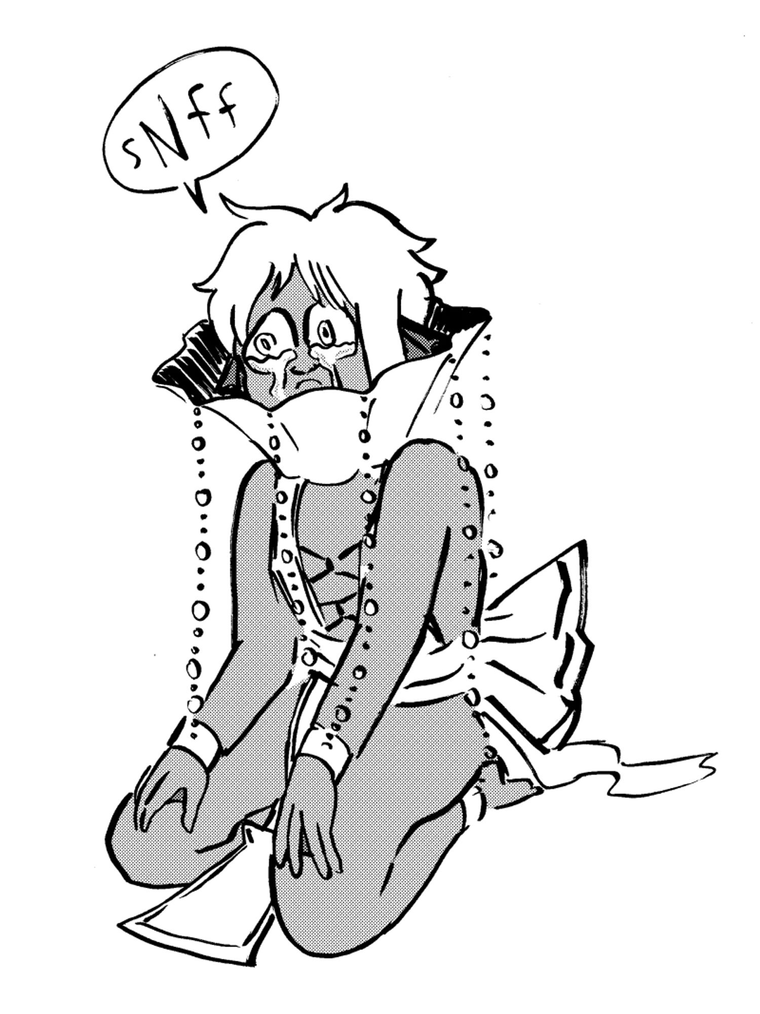 Image of a crying merboy in a fancy frilled neck cone