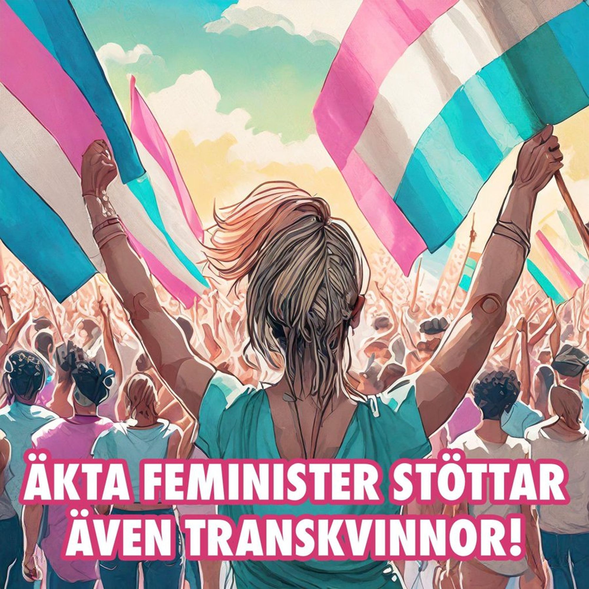 Drawing of women waving trans banners