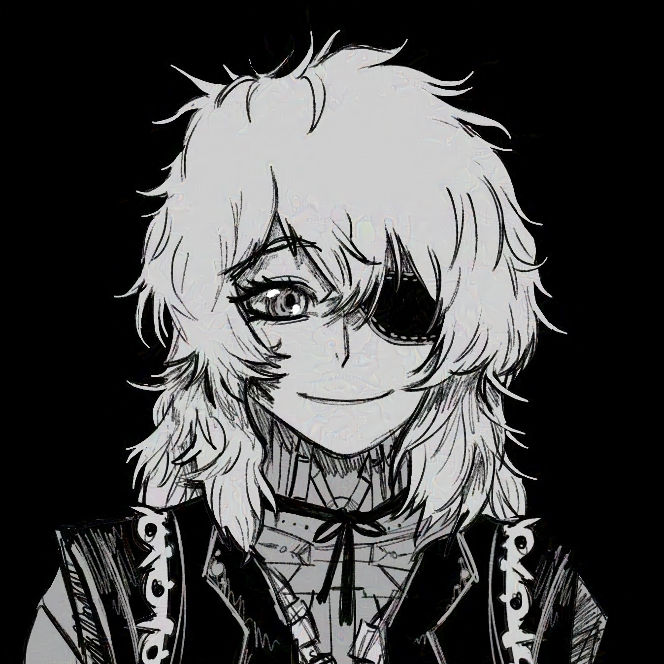 Robot girl with white hair and an eyepatch wearing a goth blouse, black background