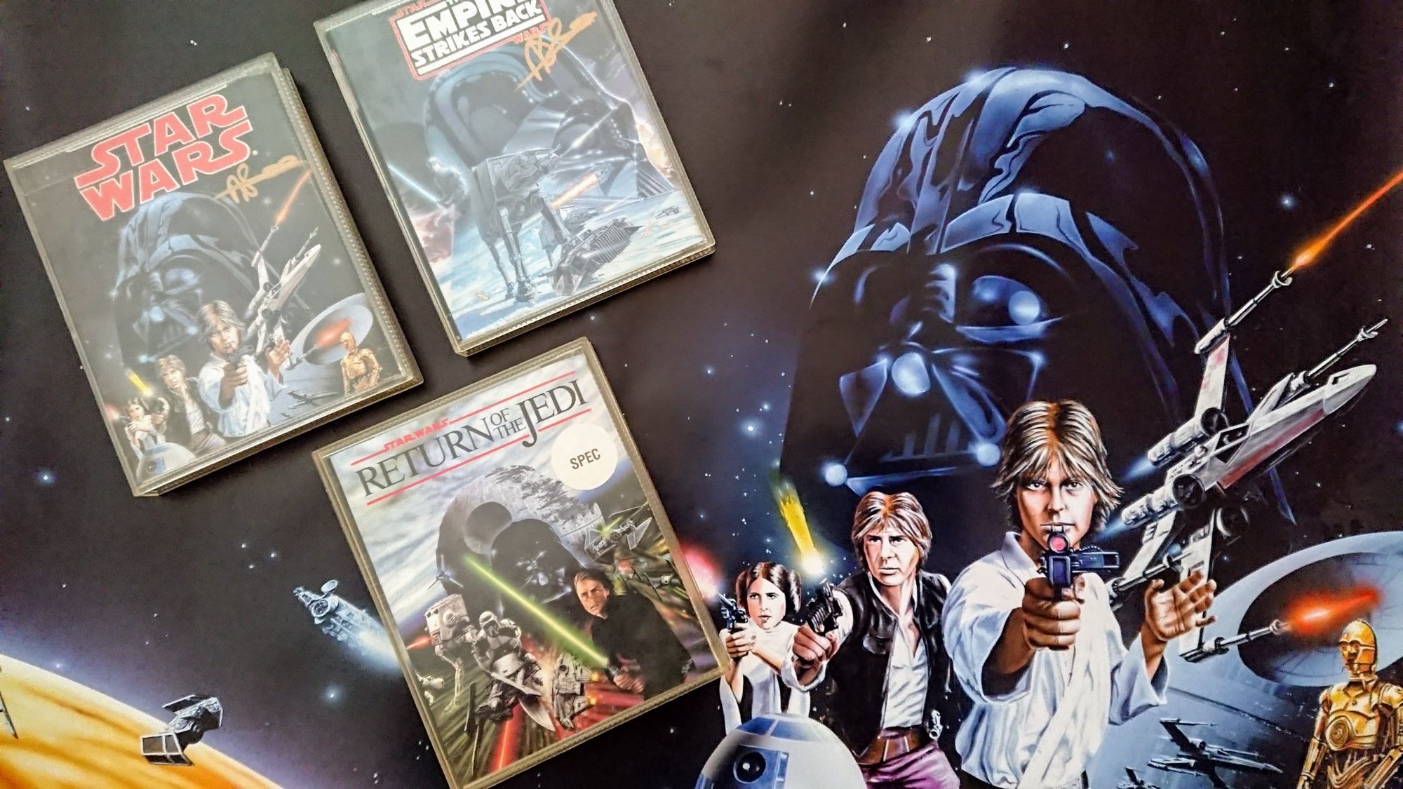 Star Wars, Empire Strikes Back and Return of the Jedi ZX Spectrum games in cases on the artwork from the first game