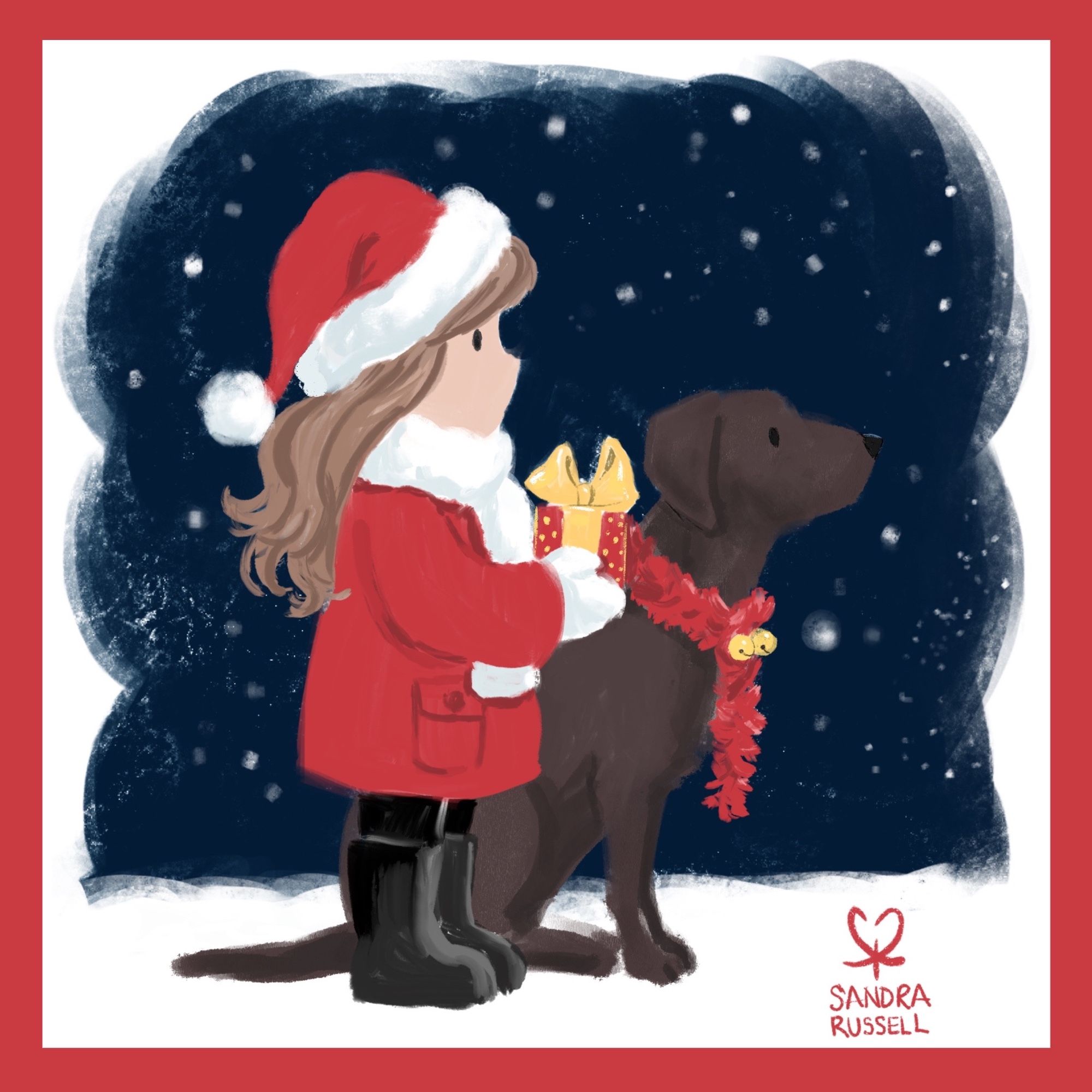 Sandra Russell art digital illustration of a little girl in a red coat and Santa hat holding a little present and next to her is her black labrador dog.