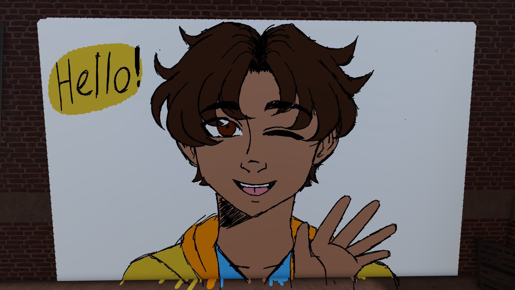 a screenshot of a drawing made inside of a Roblox game. It shows a guy with tan skin, brown eyes and dark brown hair. He's waving and saying high while the eye on the right is closed. The guy is wearing a yellow jacket with an orange hood. His shirt is a light blue.