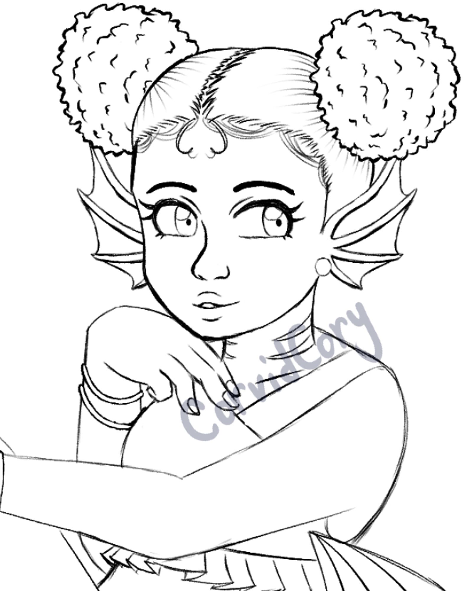 A rough and unfinished draw of a mermaid.  Her hair is in two afro puffs, one on each side of her head. She has two fins (one on each side) where typical human ears would be on most mermaids. Her neck has a total of 4 gills with two on each side. She's wearing thin gold bracelets (two on each side) on her wrists and a v-neck top with frilled ends.