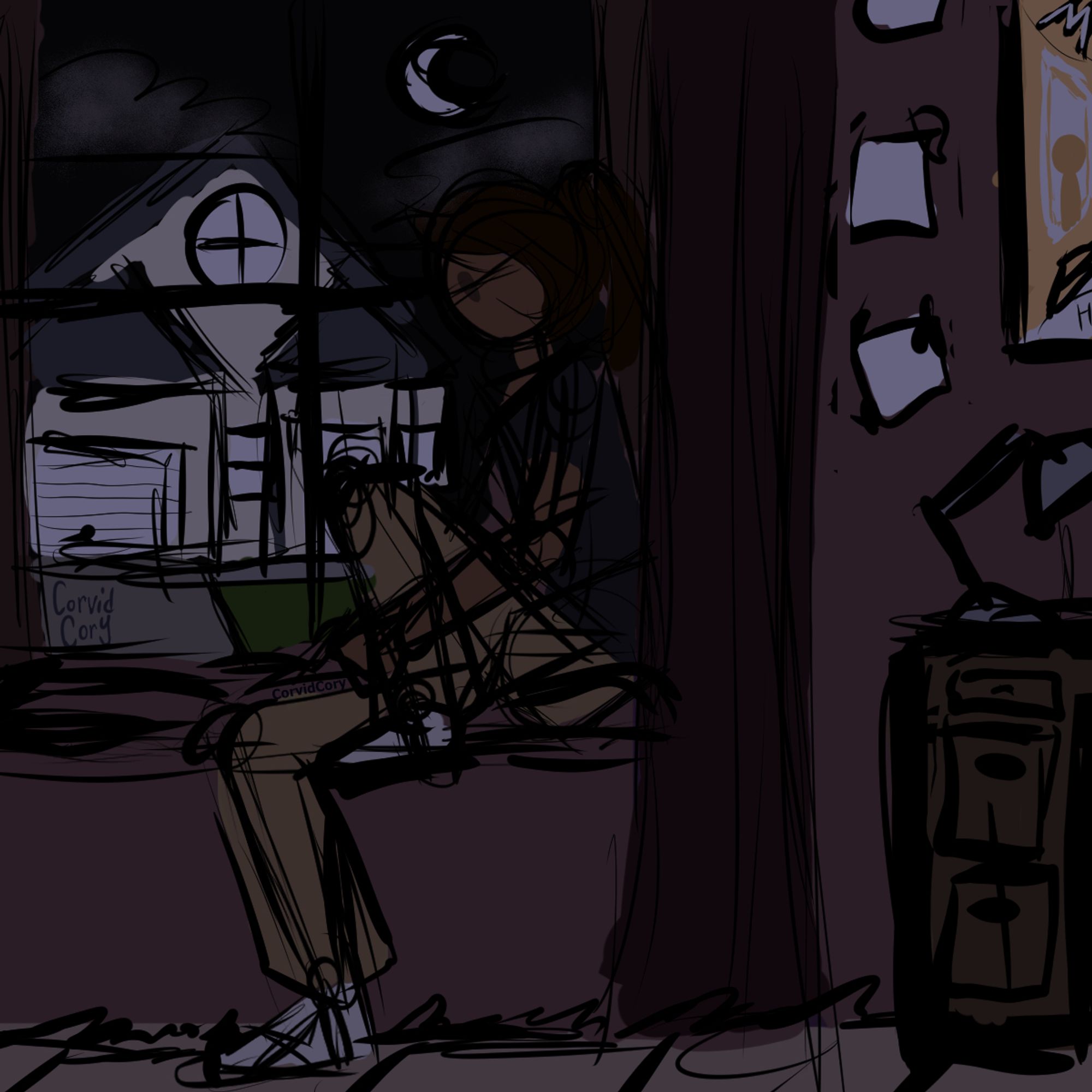 An EXTREMELY rough colored sketch of one of my characters sitting near the window in her room. The window outside shows a rough sketch of a house outside.