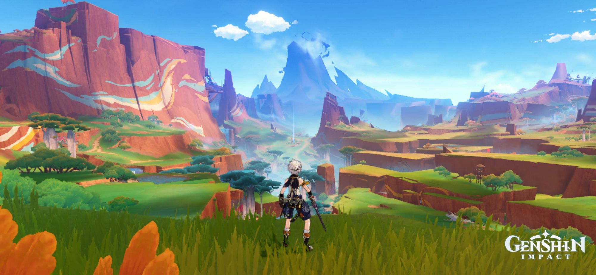 A photo of Bennett facing away from the camera with his sword drawn out in his right hand. He’s looking at the scenery of Natlan.