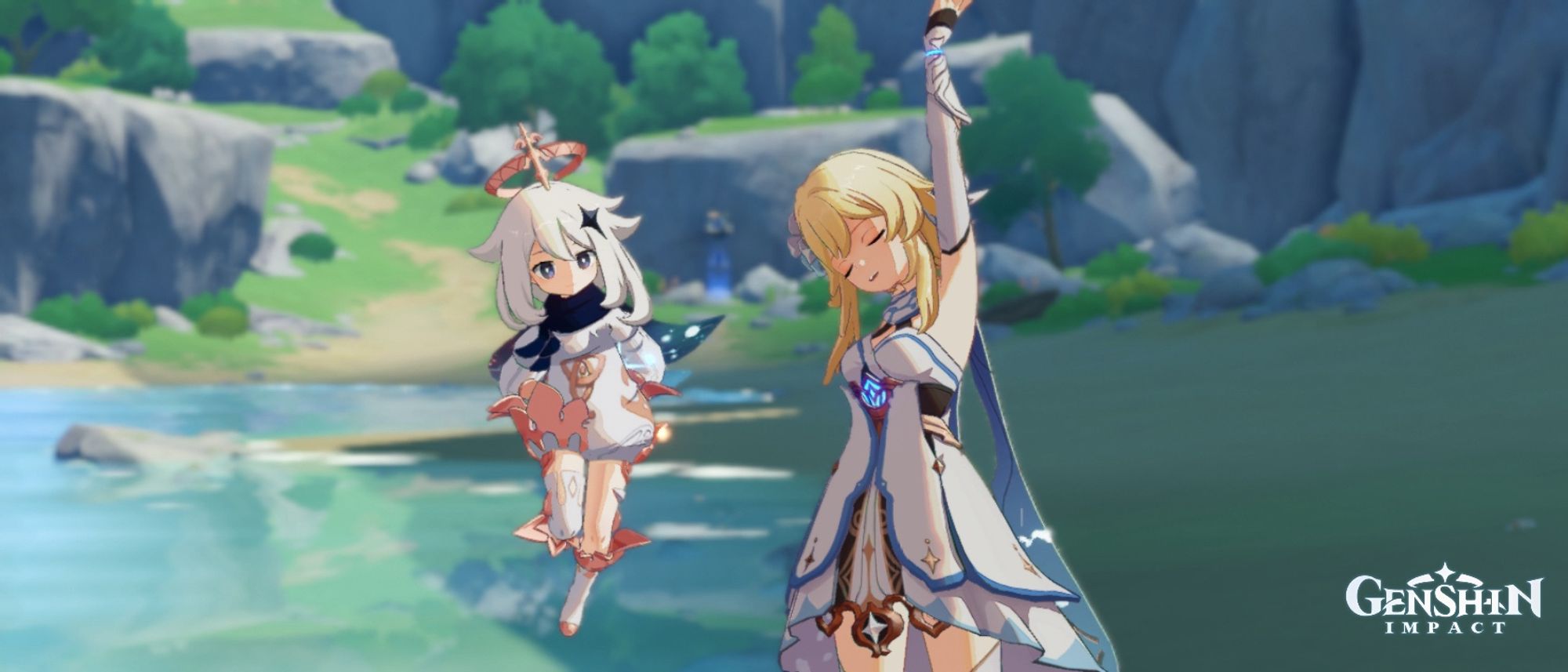 A photo of Lumine yawning and stretching with next to her traveling companion. The two are in the starting area of the game.