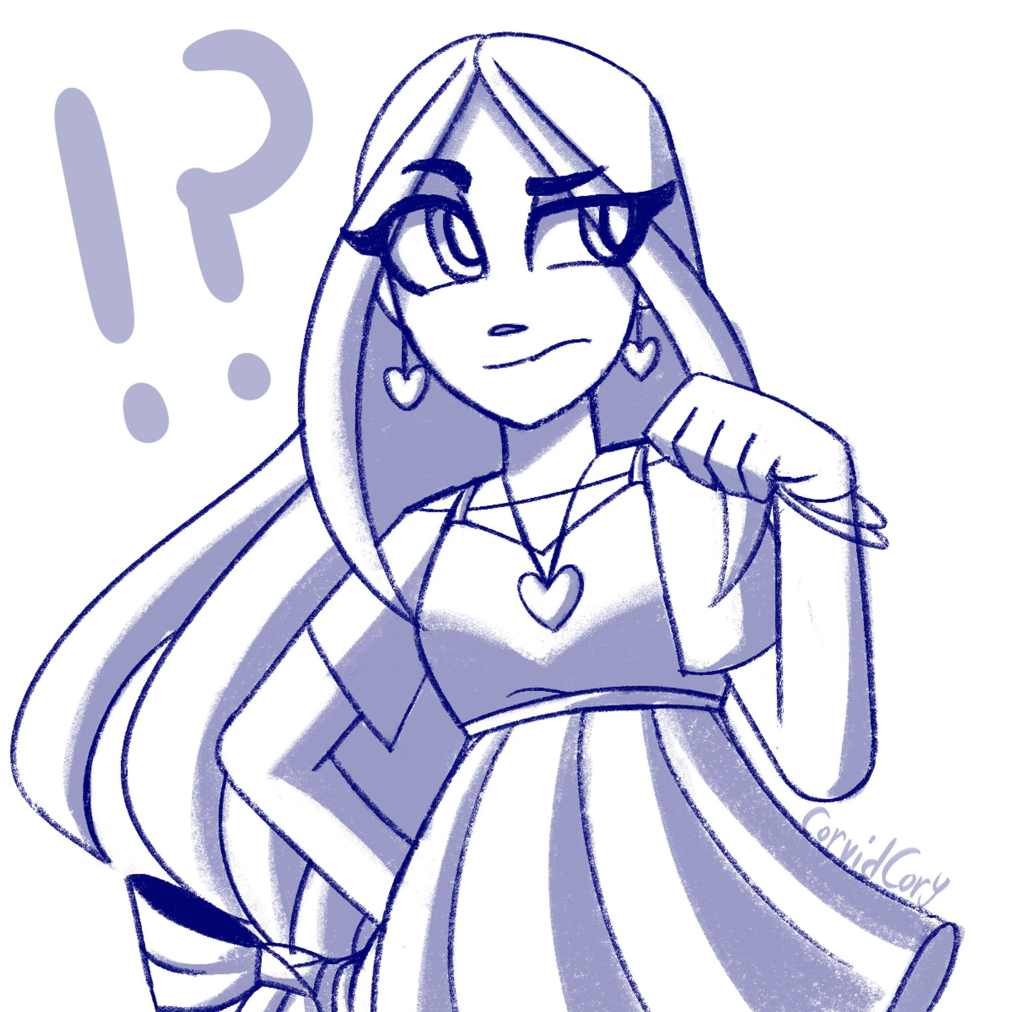 A monochrome sketch of Chloe (OC). She has a somewhat confused expression on her face with one arm resting on her side and the other one up in the air with her hand curled up. Her hair and dress are moving somewhat.