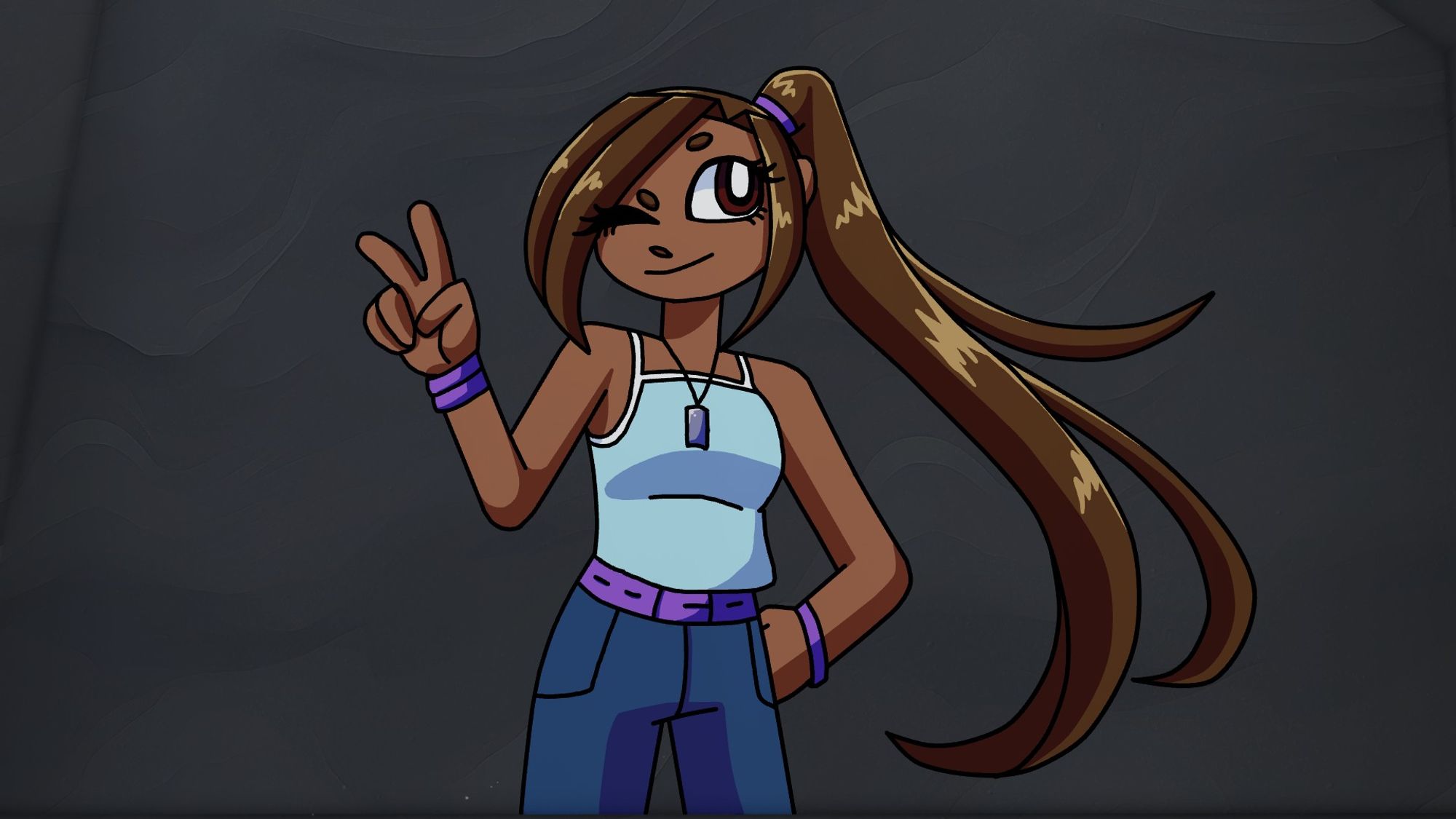 A drawing of a girl with a dark complexion and brown hair in a light blue tank top and blue jeans making the peace sign with the eye on the left closed. She's wearing purple bracelets, a purple belt, and a purple hair tie, as well as wearing a silver-gray tag necklace.