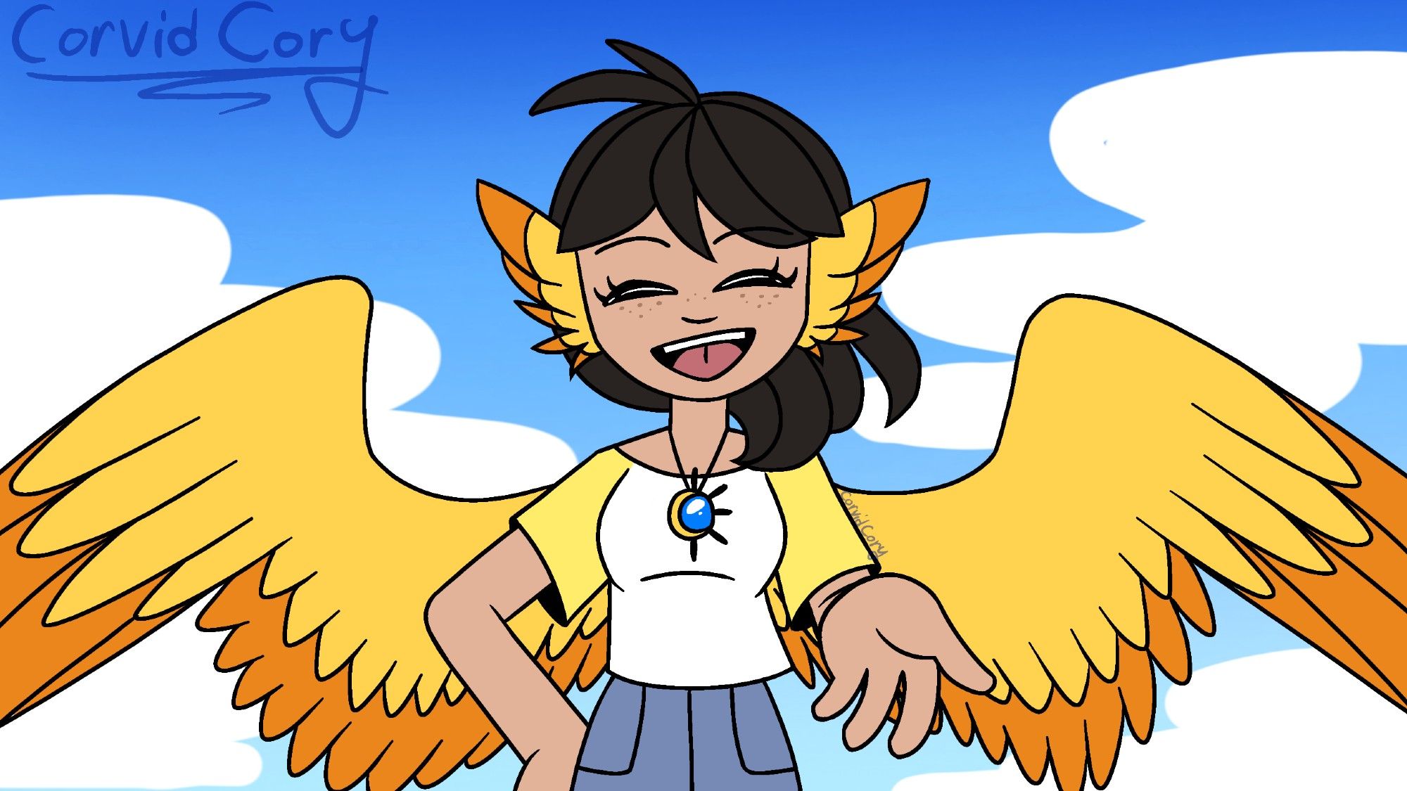 A slightly tan skinned girl with freckles and yellow wings with orange tips. She also has two "wings" where human ears would be.  

She's wearing a T-shirt that has light yellow sleeves, the center of shirt is white. Her jeans are a light blue. She also is wearing a necklace. 

One side of the necklace is shaped like a crescent moon made of gold while the other mimics the sun by using a shiny blue gem that uses short gold rods to represent the sun's light rays.

She's smiling with her mouth open as if in the middle of saying something. Her left hand is stretched out towards the screen, offering to take the hand of the viewer.