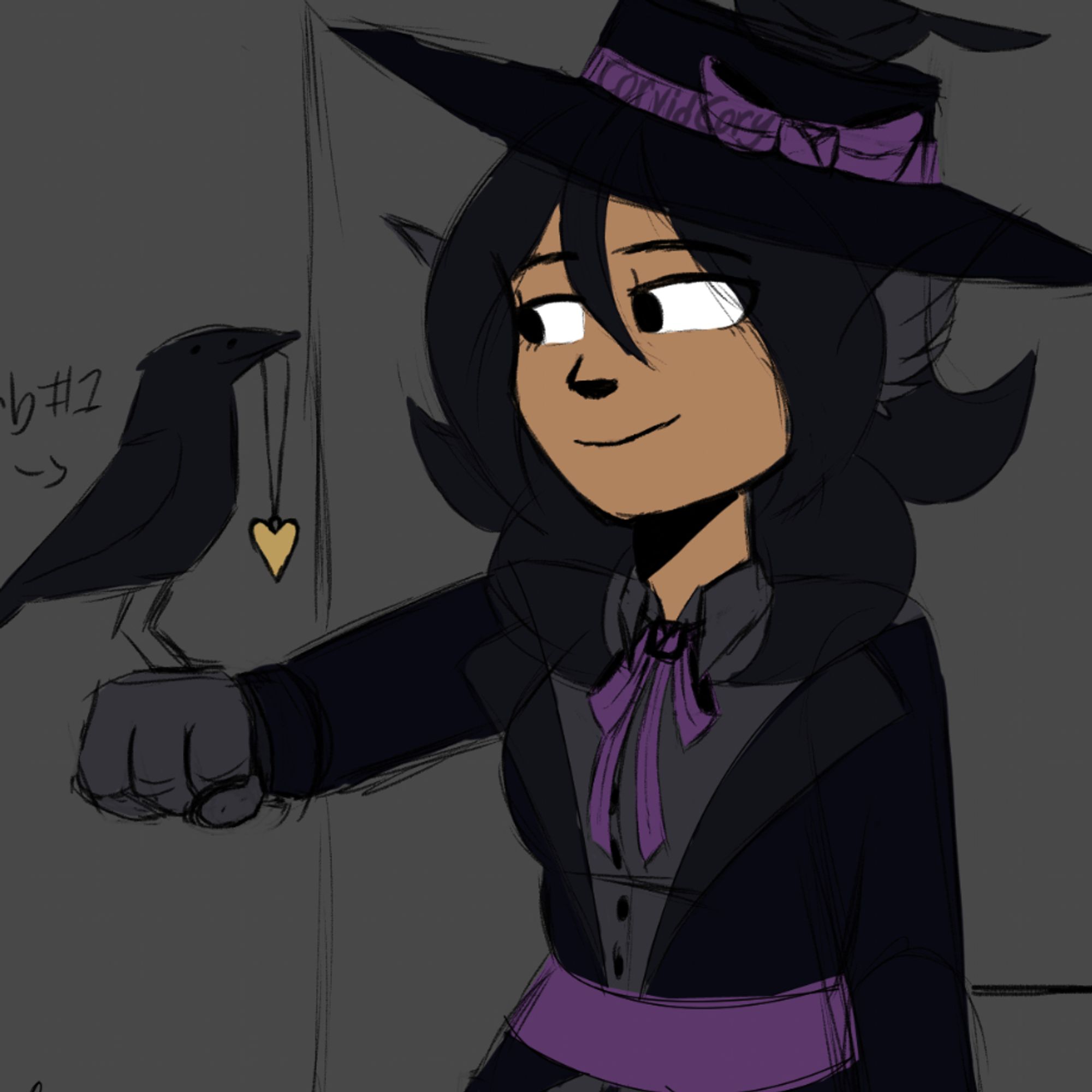 A colored rough sketch of Corazon Corvidae's alt design. Features one crow resting on her arm and another resting on top of her hat.