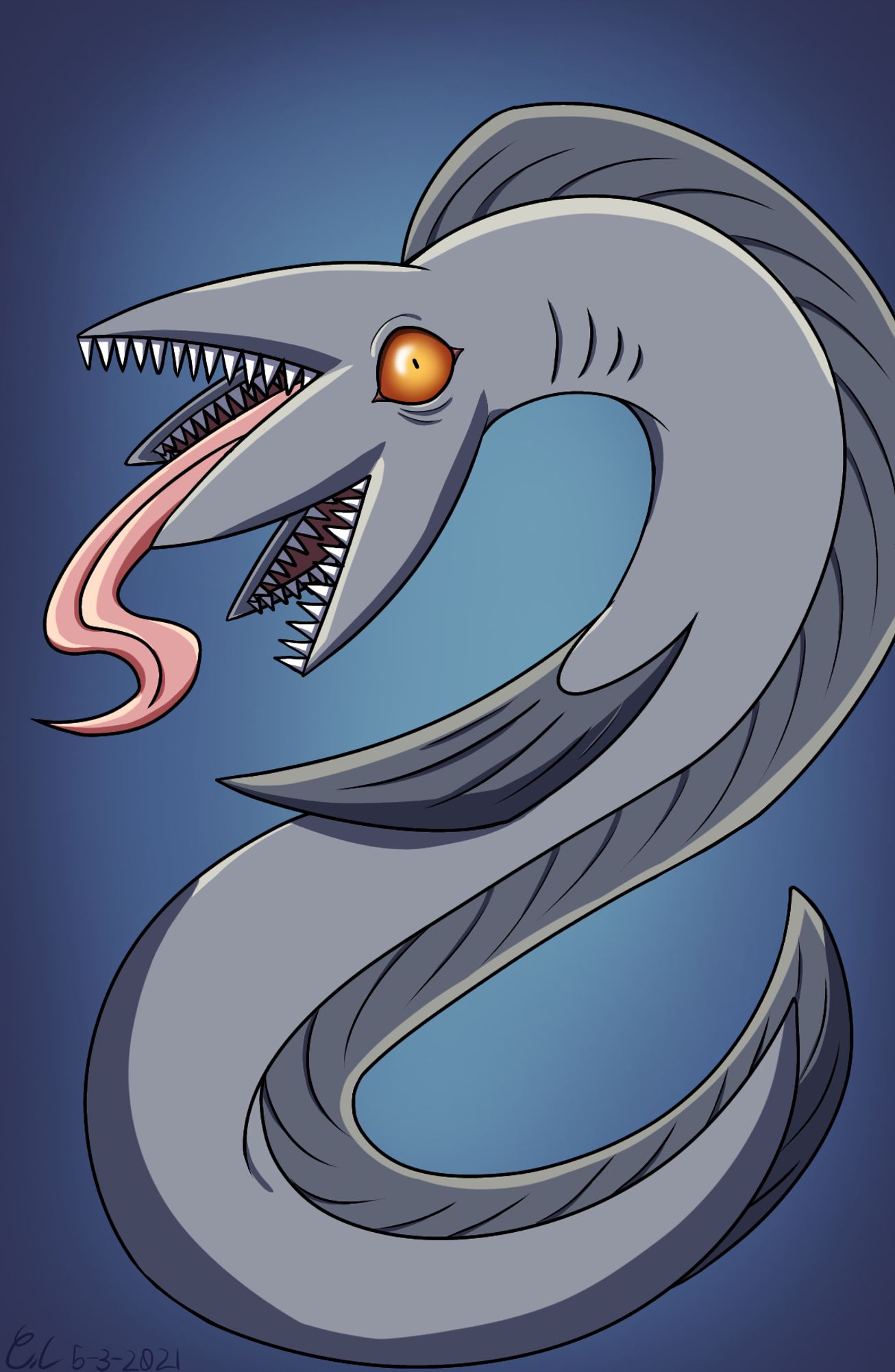 A drawing of a weird eel-like creature I drew like 3-ish years ago. It has multiple jaws and is mostly colored gray, save for it's insides and eyes. The eye is orange while the insides are a typical pink color.