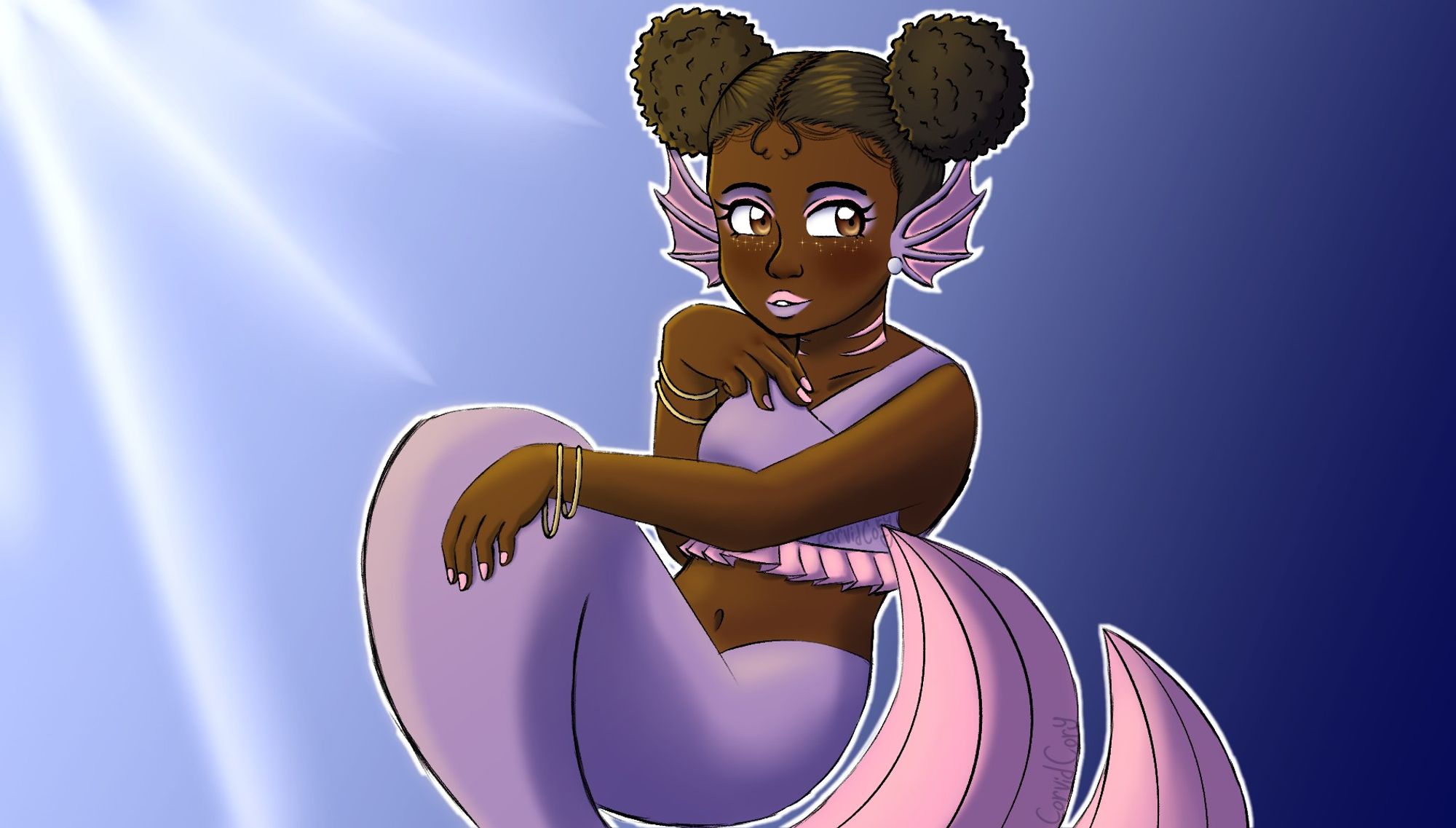 A colored drawing of a mermaid.  Her hair is in two afro puffs, one on each side of her head. She has two fins (one on each side) where typical human ears would be on most mermaids with a visible pearl earring on her right fin. Her neck has a total of 4 gills with two on each side. She's wearing thin gold bracelets (two on each side) on her wrists and a V-neck top with frilled ends.