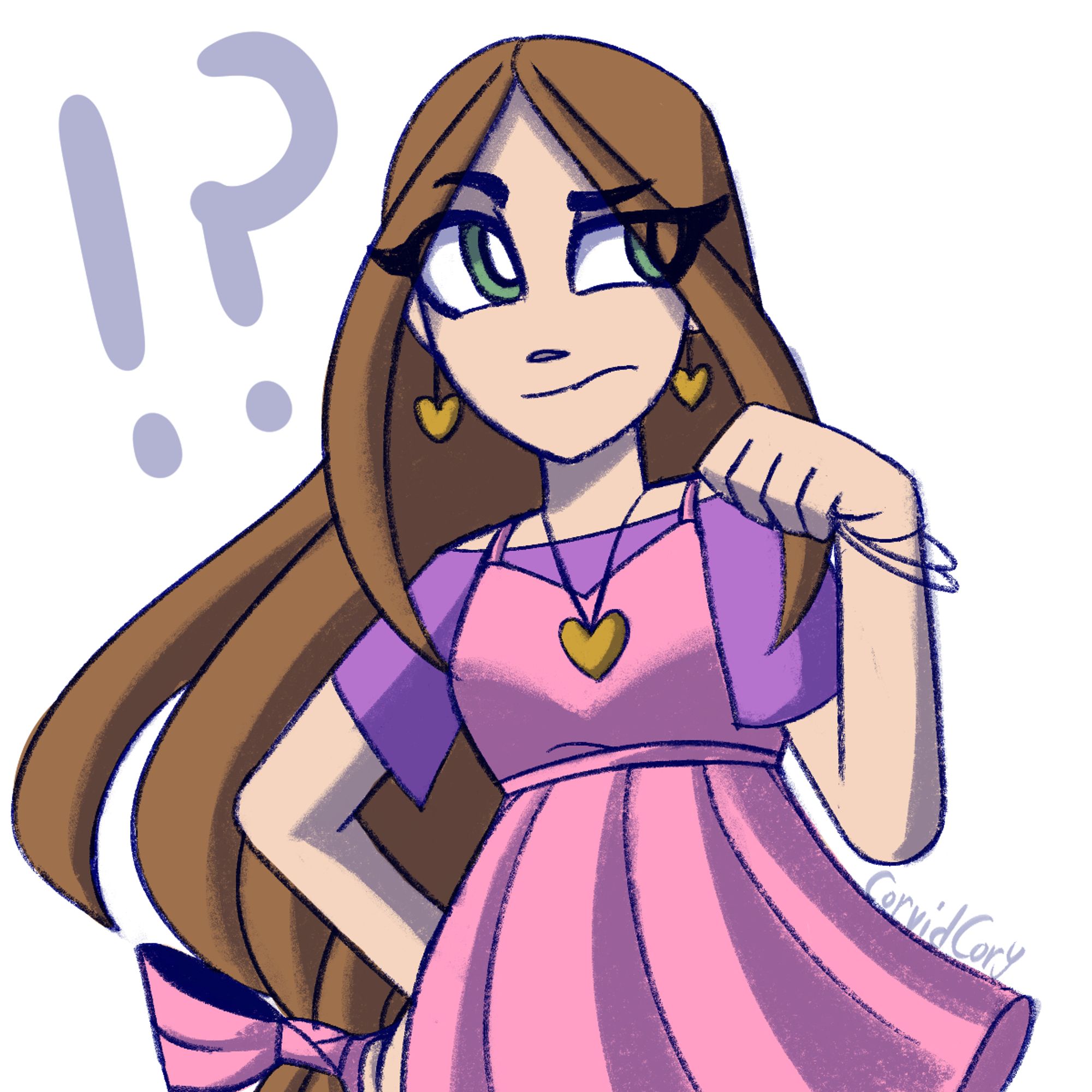 A colored sketch of Chloe (OC). She has a somewhat confused expression on her face with one arm resting on her side and the other one up in the air with her hand curled up. Her hair and dress are moving somewhat.