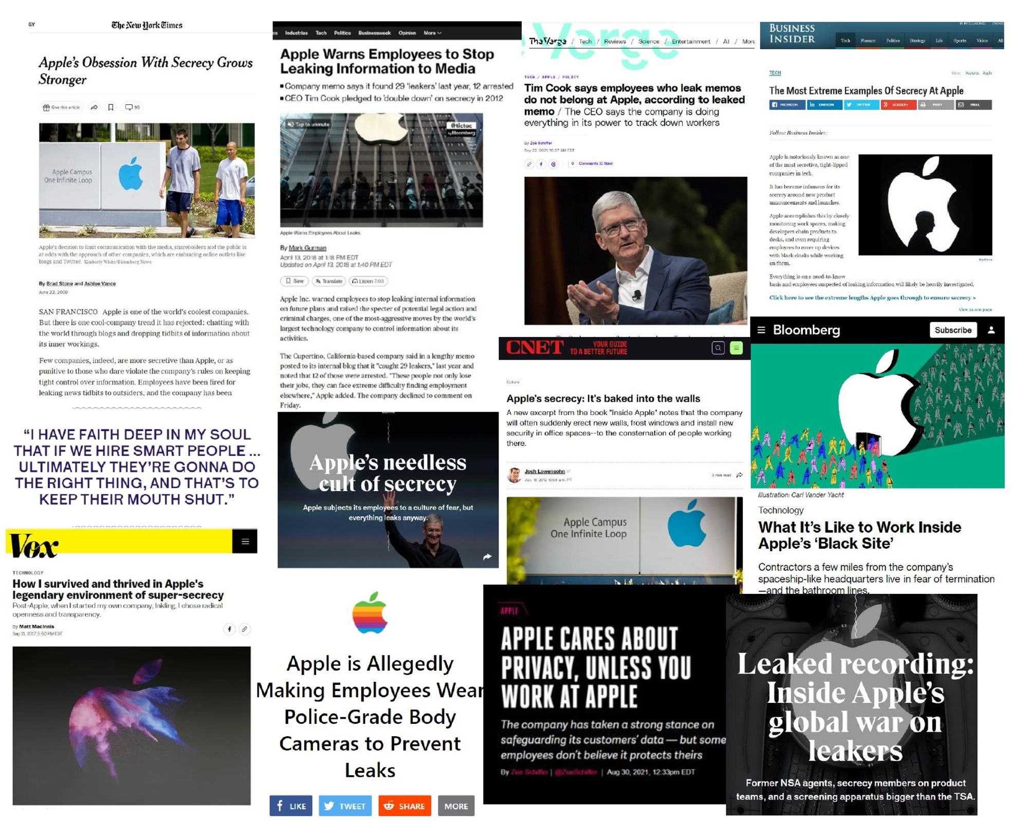 image of a bunch of articles and headlines about apple being a super secret company and telling their employees to keep their mouths shut