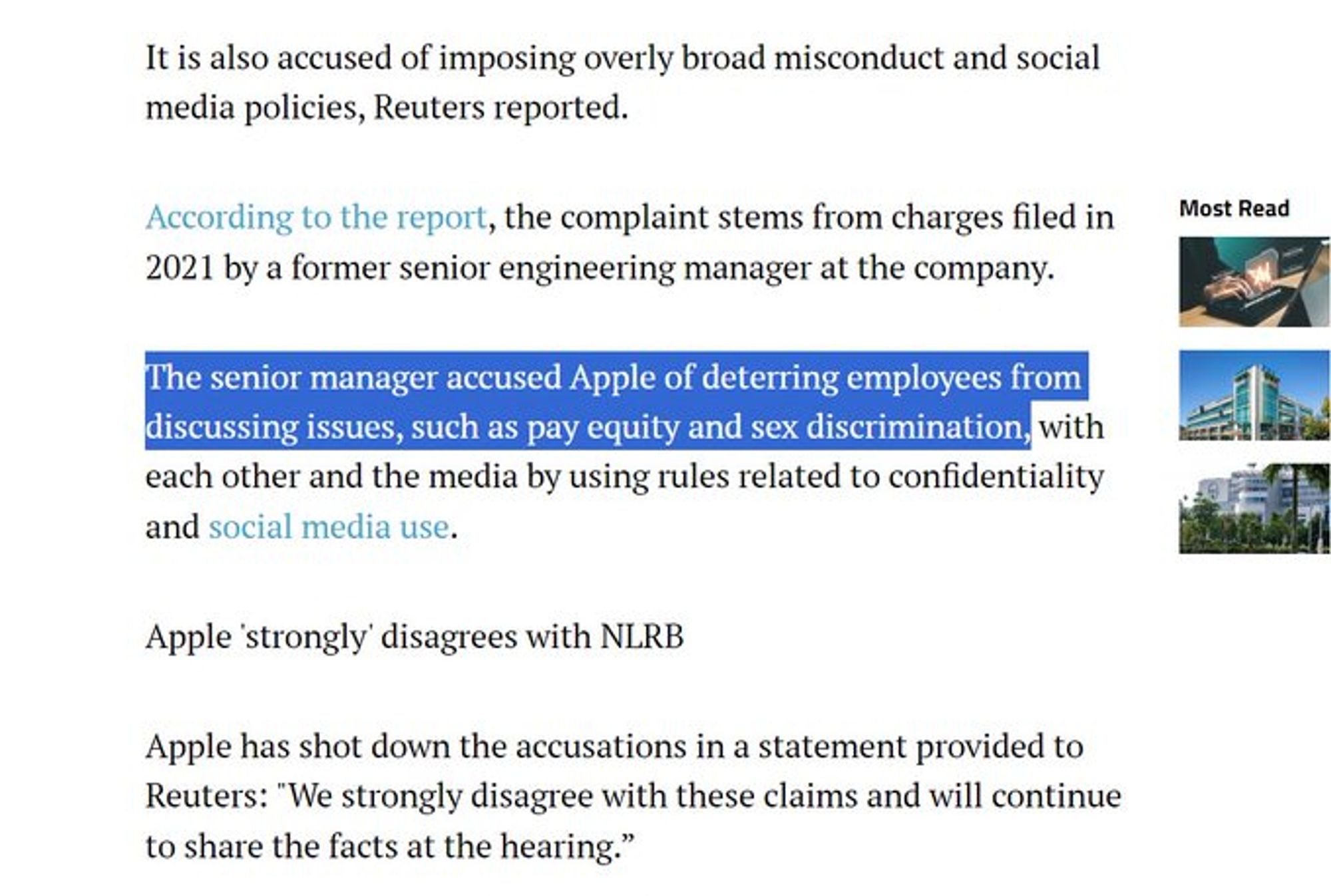 The senior manager accused Apple of deterring employees from discussing issues, such as pay equity and sex discrimination, with each other and the media by using rules related to confidentiality and social media use.