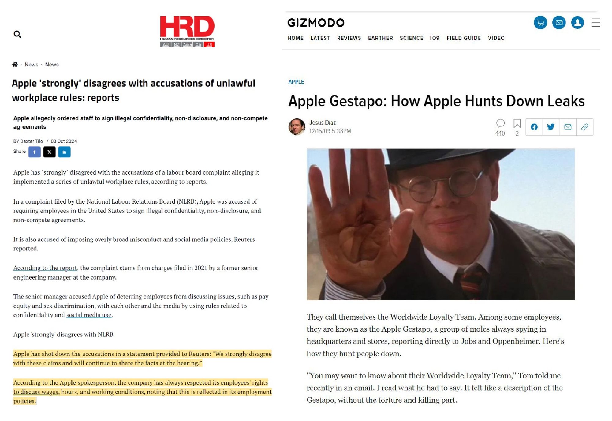 left is article from this week with quote from apple about the nlrb charge and right is the gizmodo article "apple gestapo: how apple hunts down leaks"