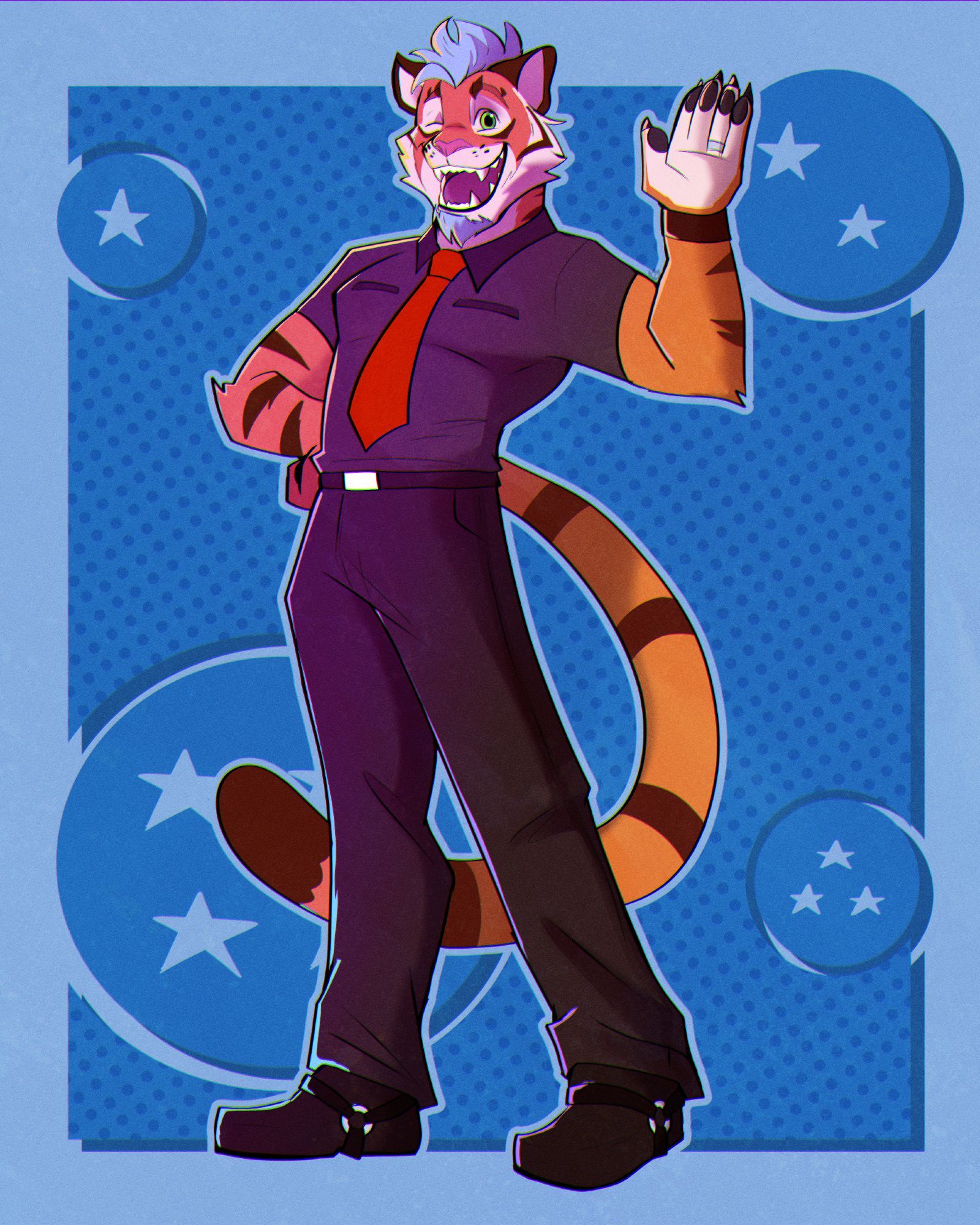 a tiger fursona with bright blue hair in a dark grey polo shirt and red tie wearing black slacks and shoes waving at the viewer, a half tone dot background is broken up by four of the dragon balls from Dragon Ball koboldart fanart TFS teamfourstar kaiserneko tiger anthro furry